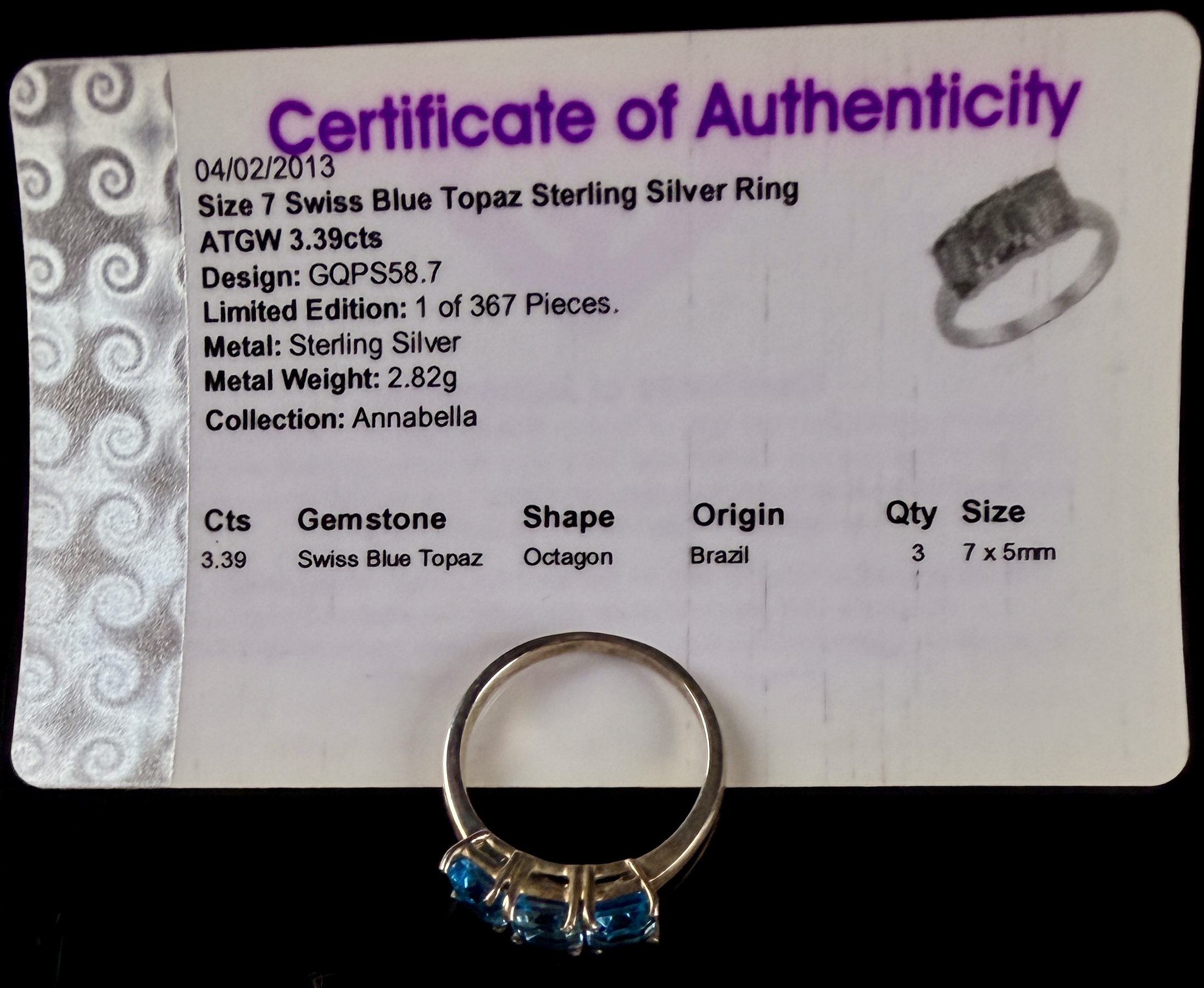 Three-Stone Swiss Blue Topaz Sterling Silver Ring Annabella Collection
