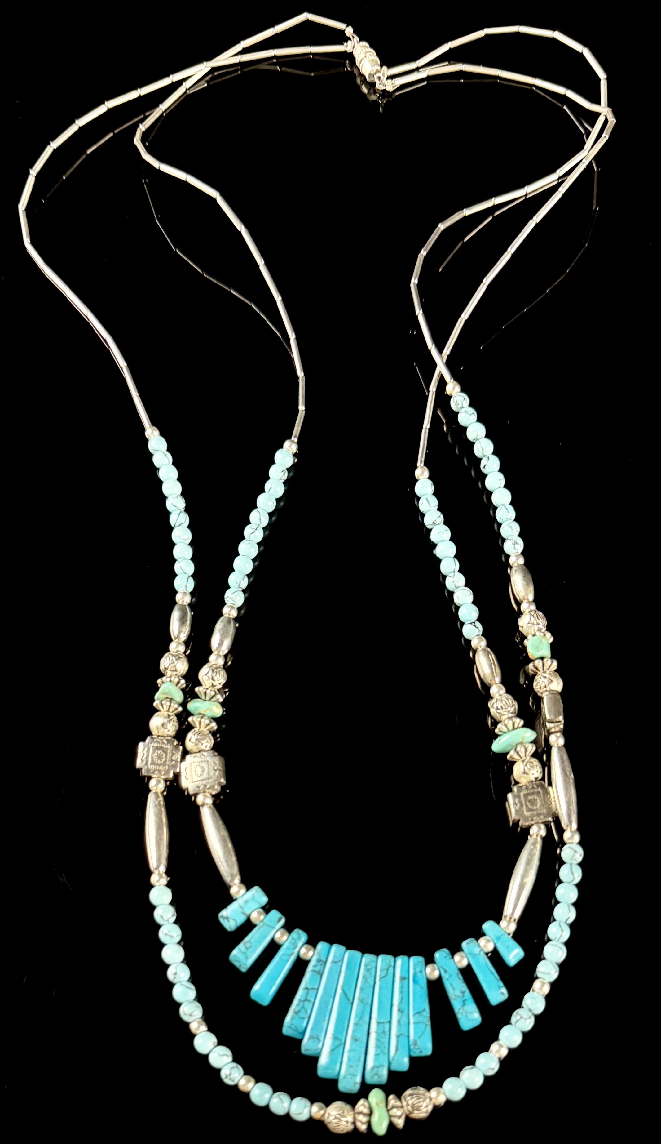 Double Strand Southwestern Style Liquid Silver and Turquoise-Colored Bead Necklace