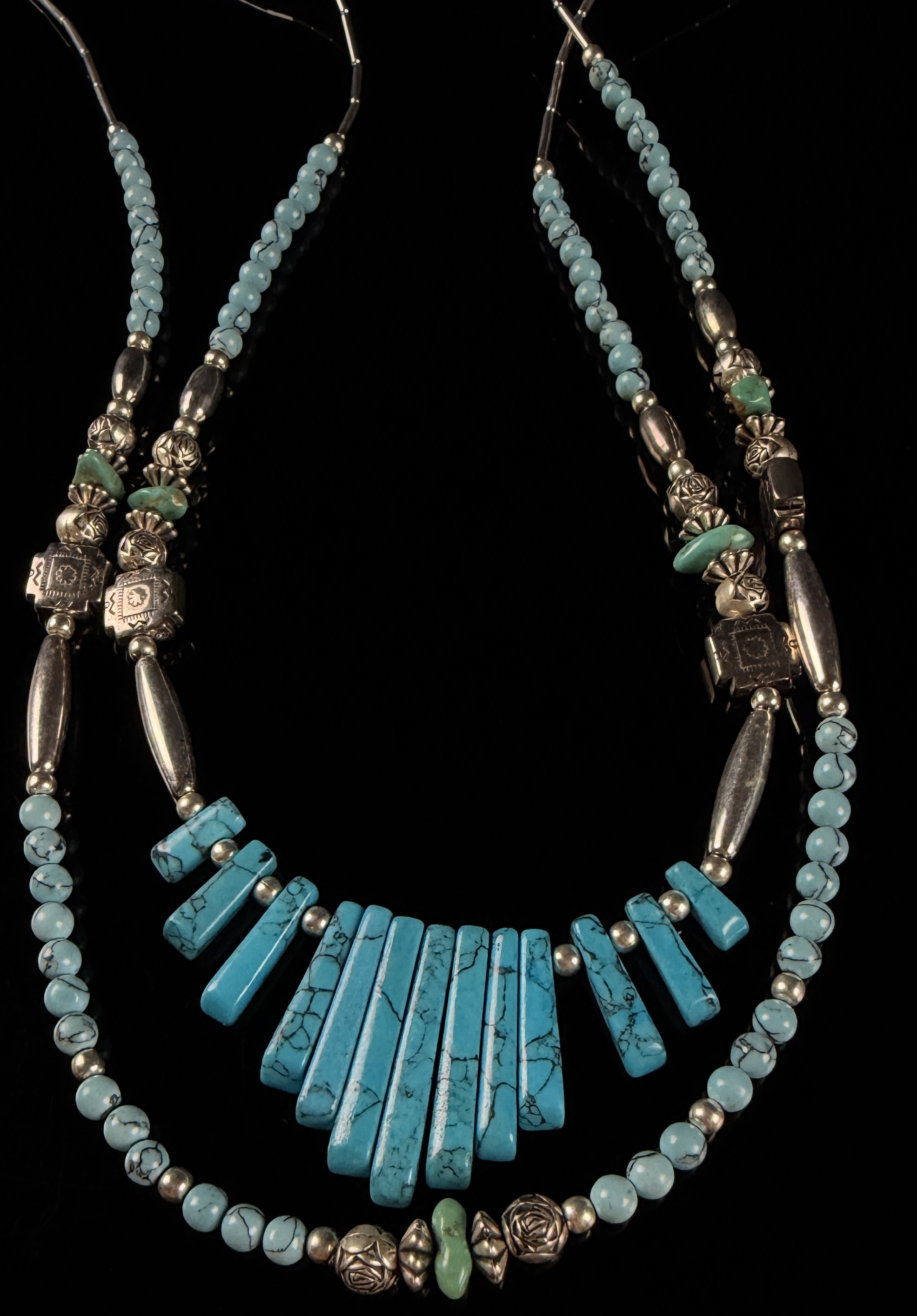 Double Strand Southwestern Style Liquid Silver and Turquoise-Colored Bead Necklace