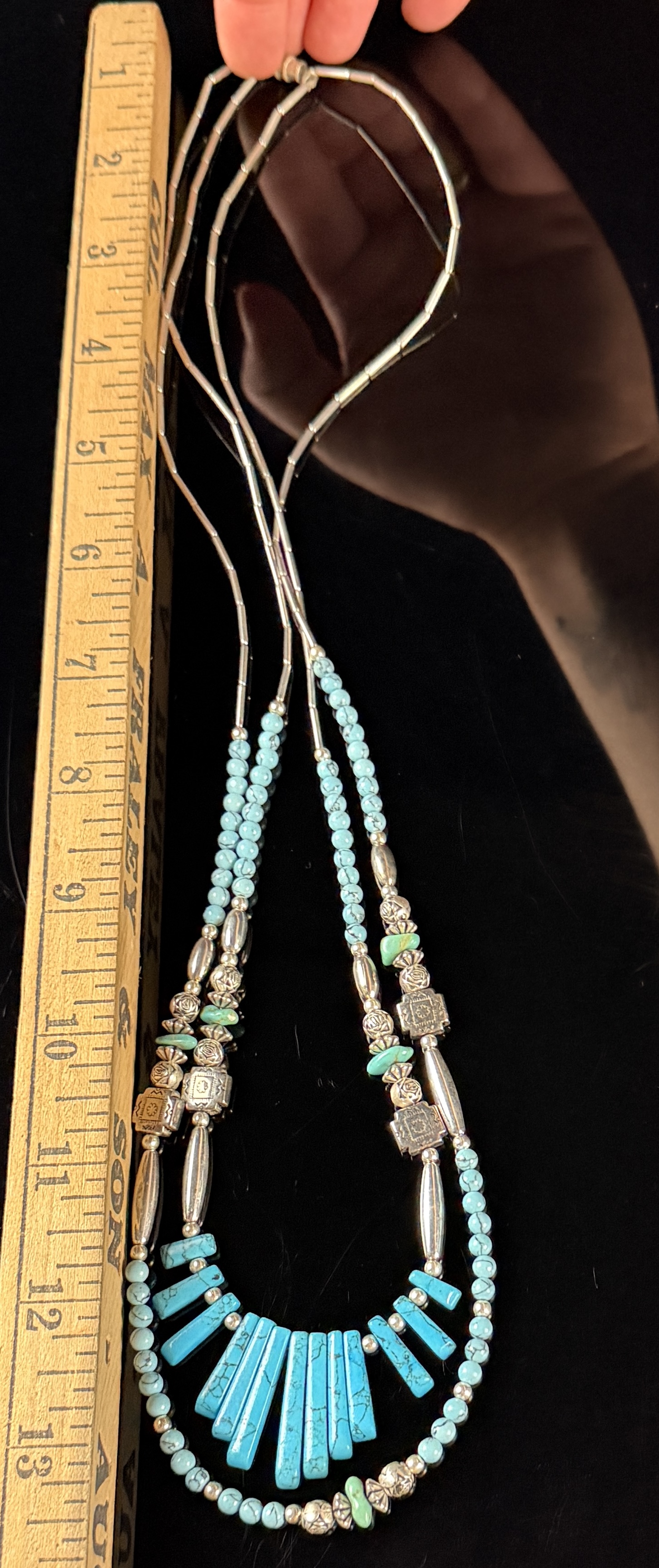 Double Strand Southwestern Style Liquid Silver and Turquoise-Colored Bead Necklace