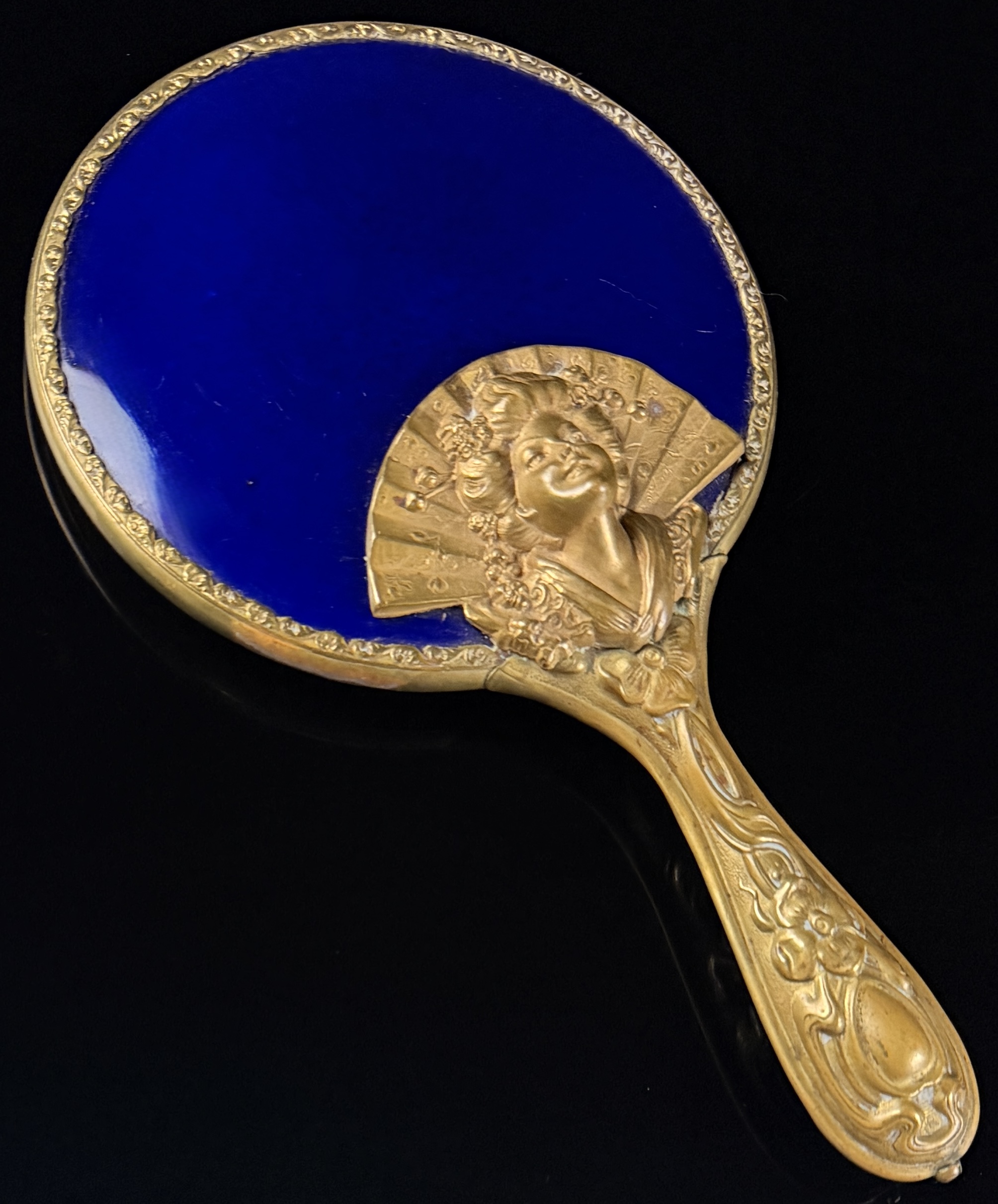 Art Nouveau Gilt Metal and Cobalt Blue Enamel Hand Mirror with Japonisme Bust