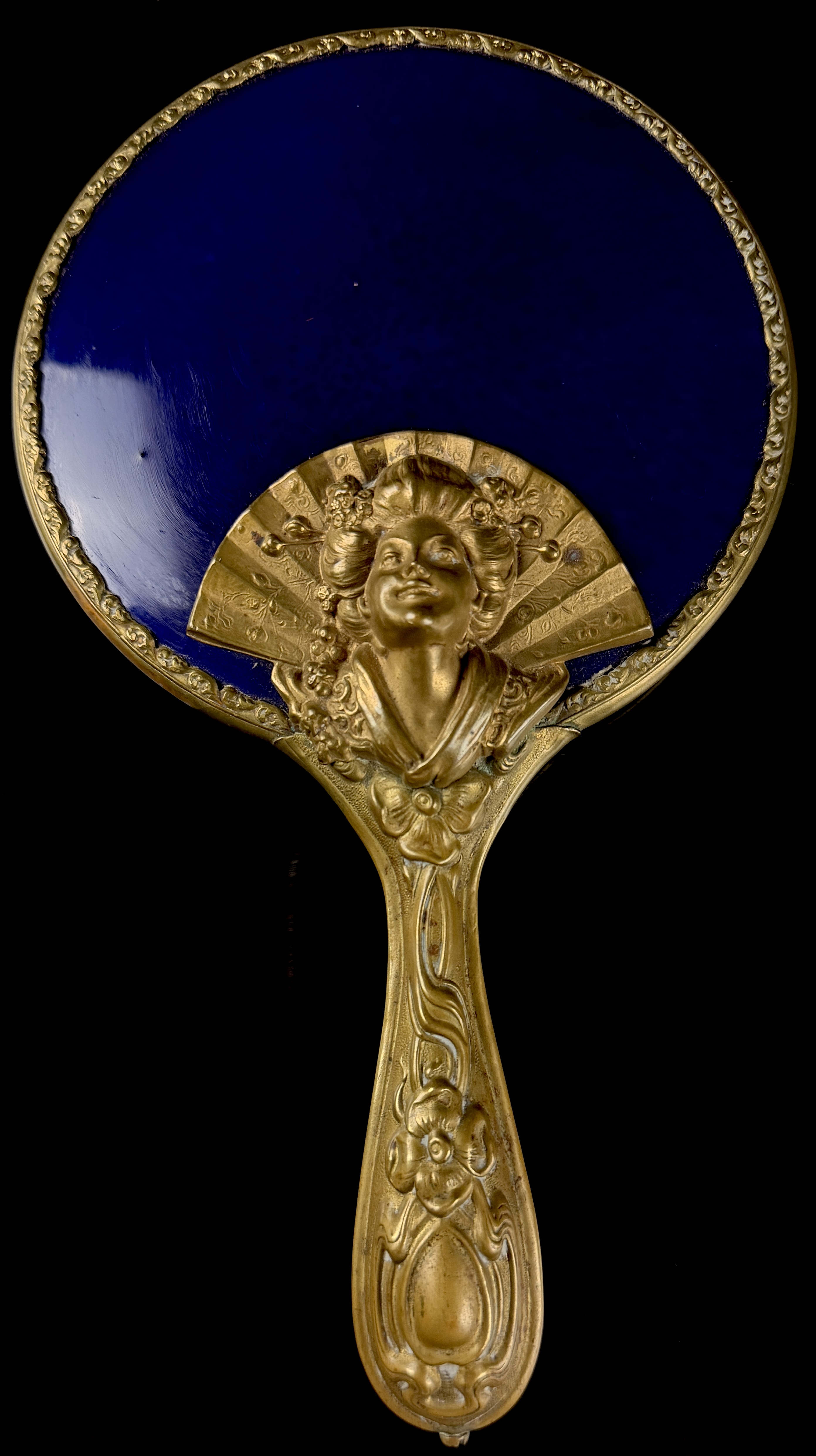 Art Nouveau Gilt Metal and Cobalt Blue Enamel Hand Mirror with Japonisme Bust