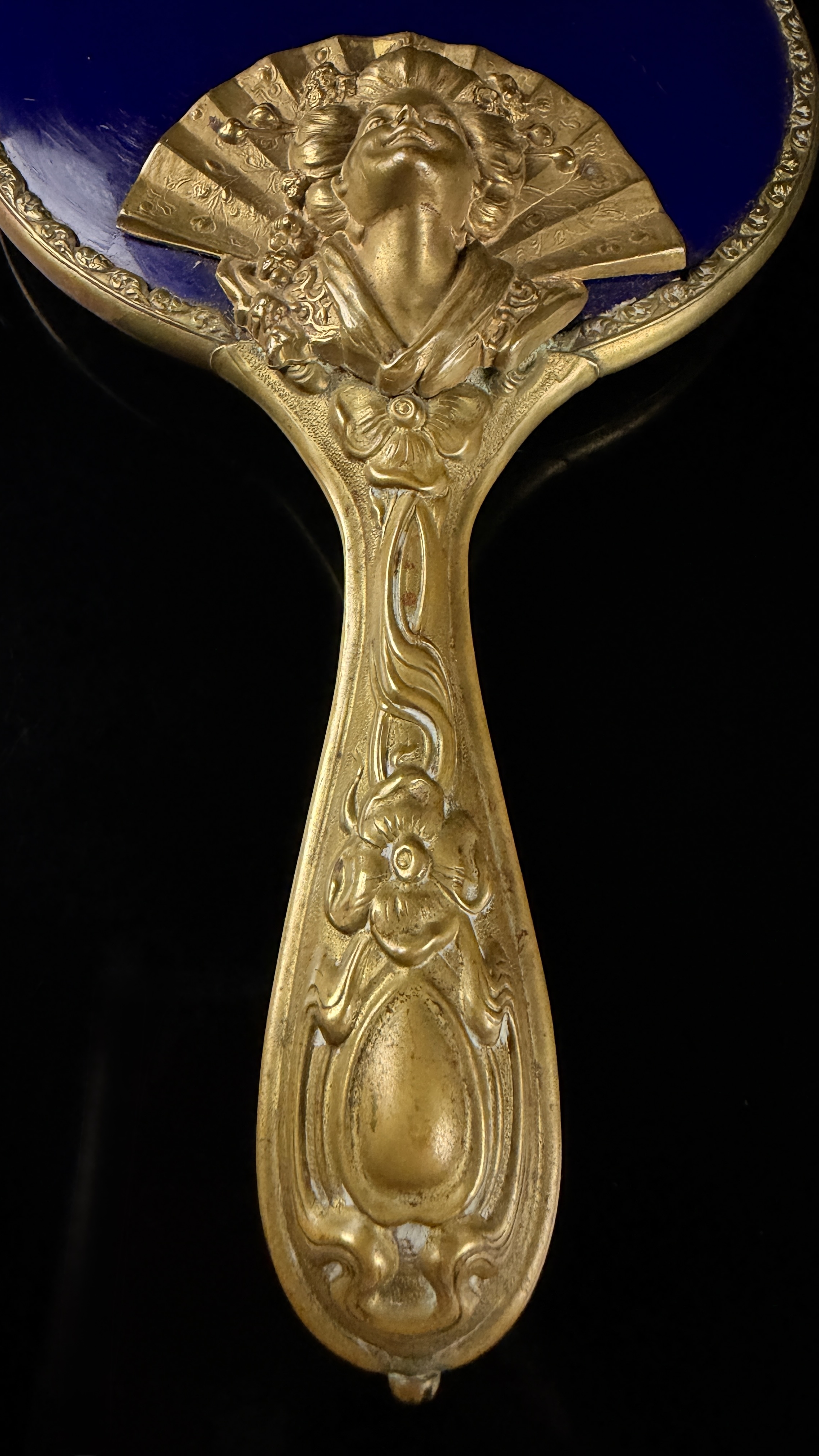 Art Nouveau Gilt Metal and Cobalt Blue Enamel Hand Mirror with Japonisme Bust