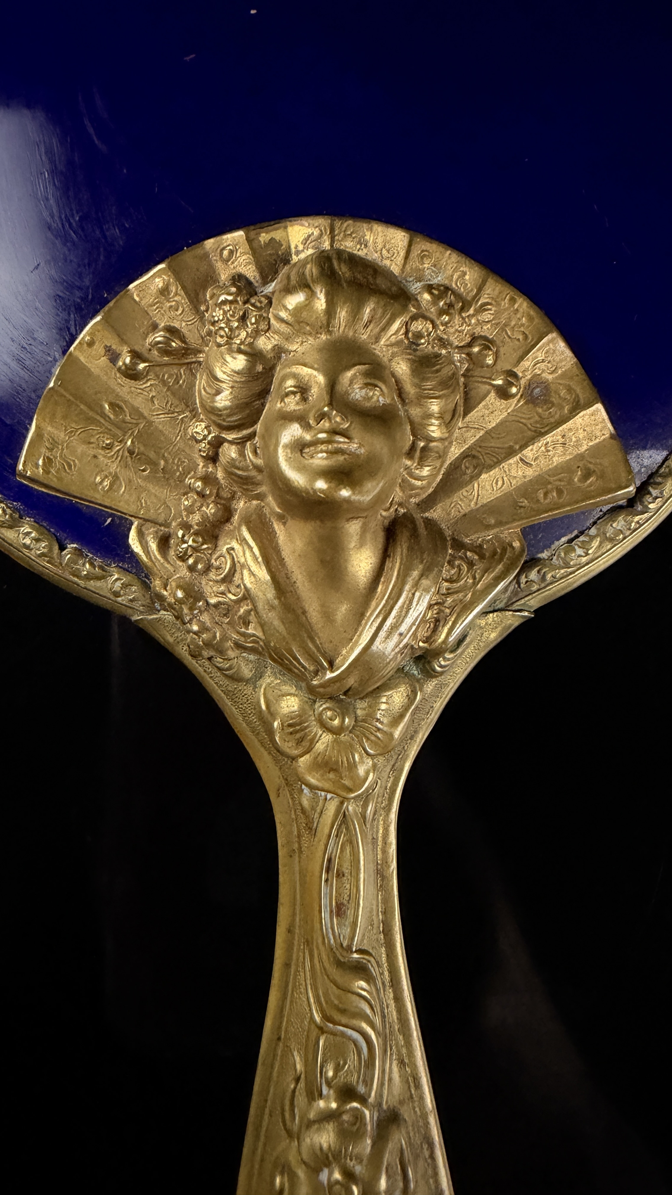Art Nouveau Gilt Metal and Cobalt Blue Enamel Hand Mirror with Japonisme Bust