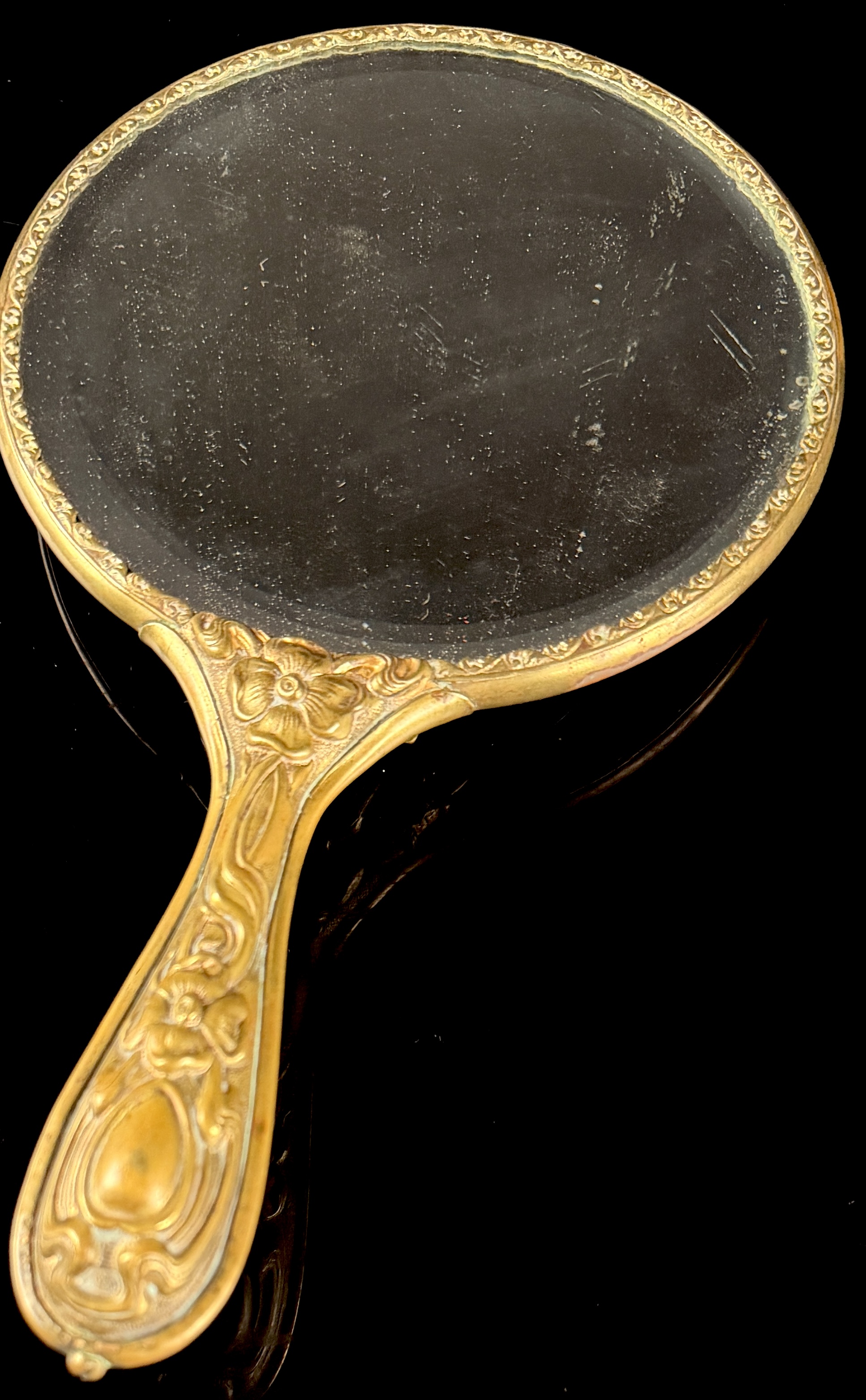 Art Nouveau Gilt Metal and Cobalt Blue Enamel Hand Mirror with Japonisme Bust