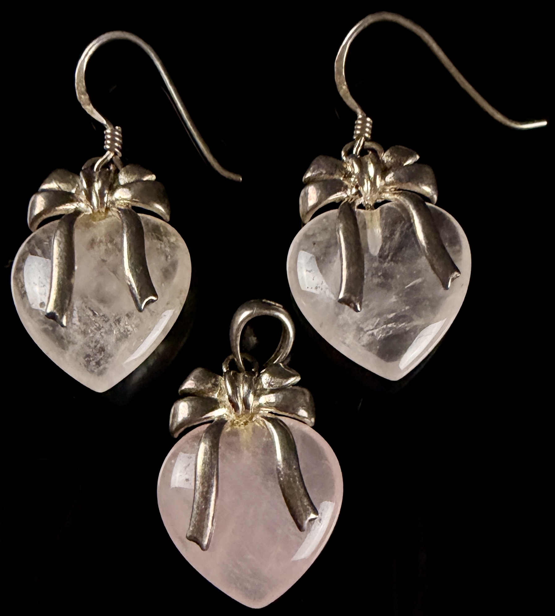A Trio of Sterling Silver and Rose Quartz Heart Jewelry