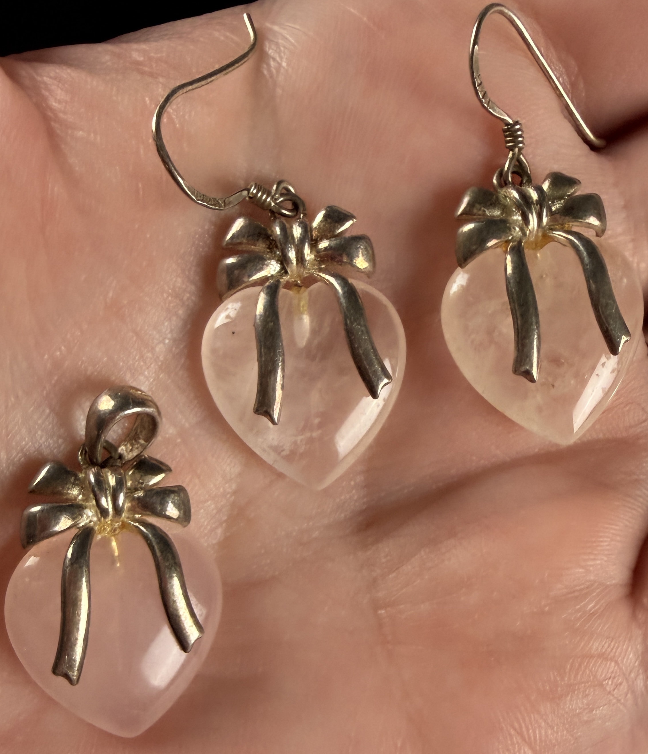 A Trio of Sterling Silver and Rose Quartz Heart Jewelry