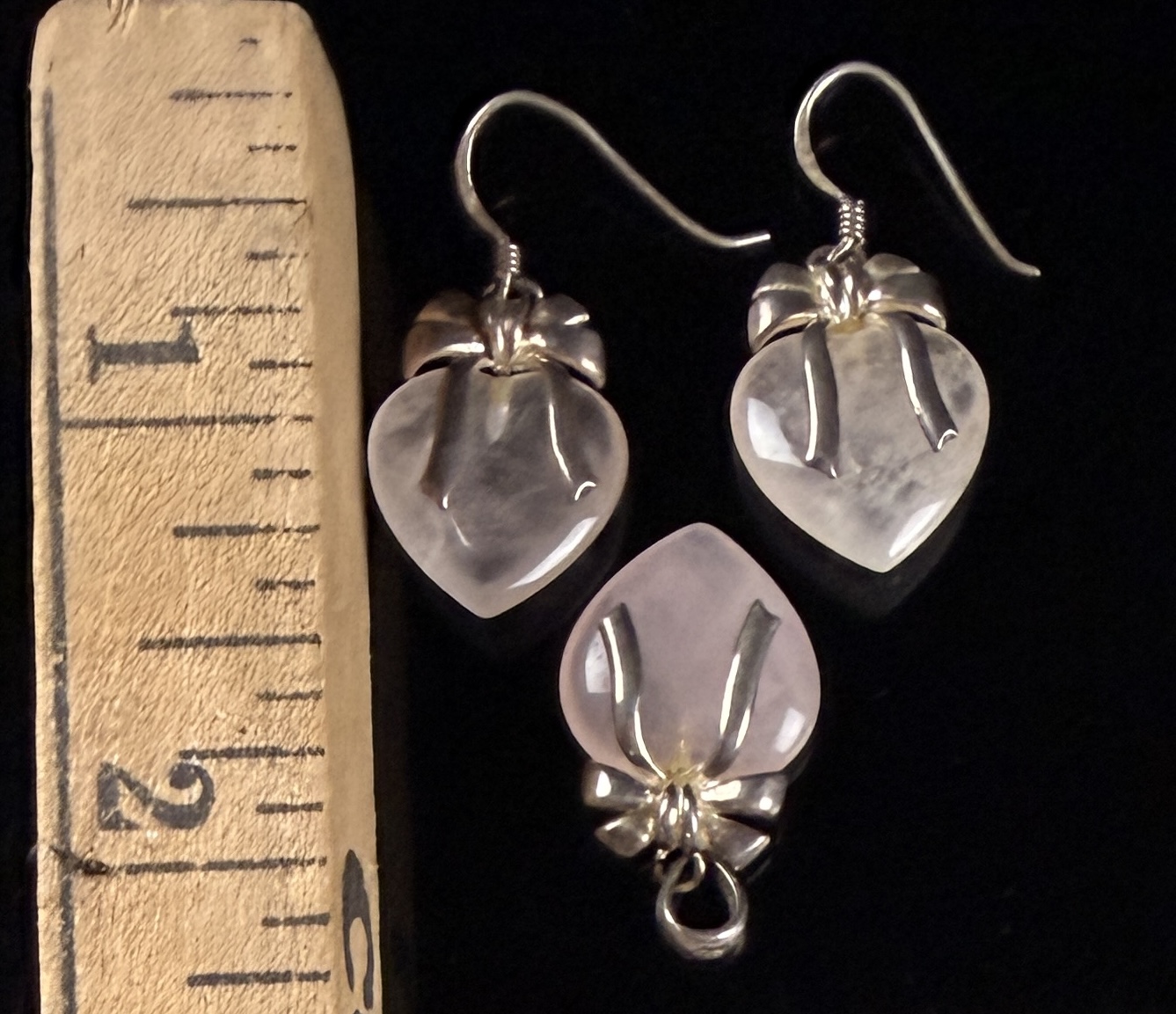 A Trio of Sterling Silver and Rose Quartz Heart Jewelry