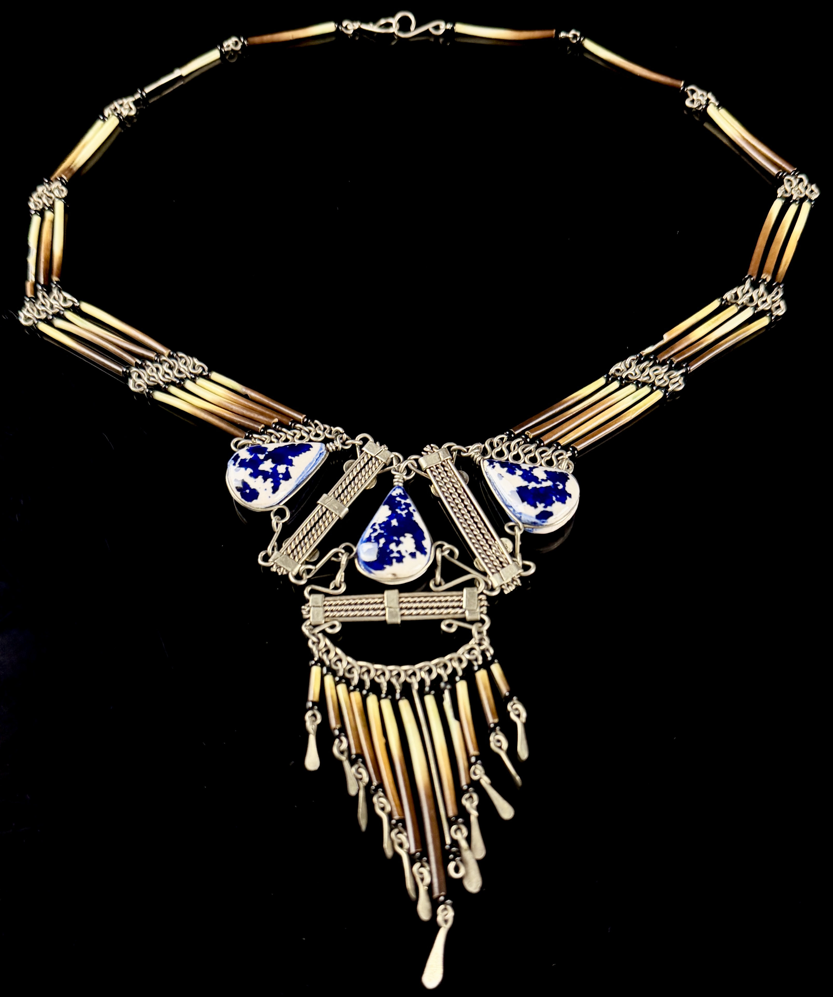 Artisan Mixed-Media Bib Necklace with Porcupine Quills and Blue and White Porcelain Shards