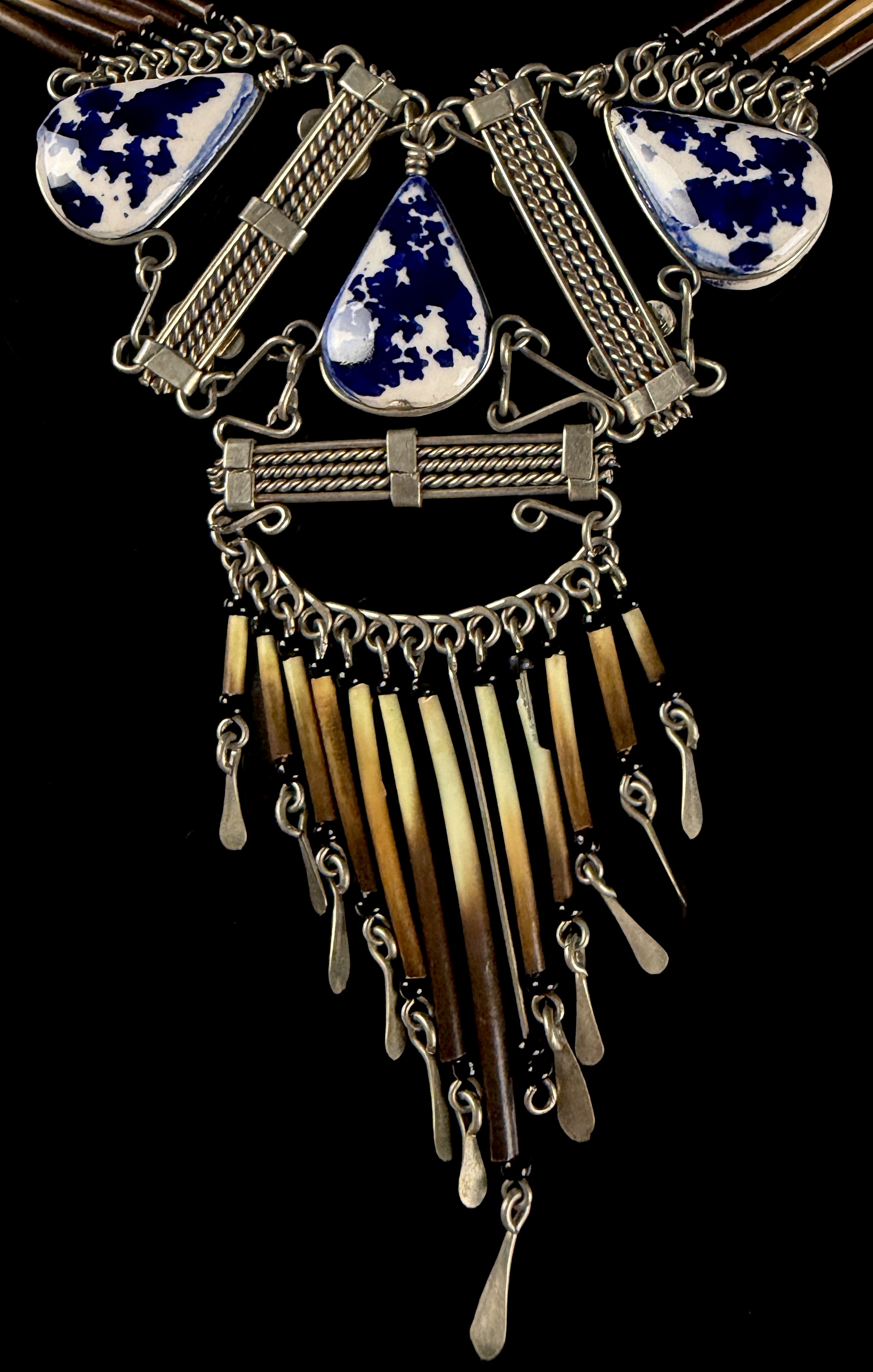 Artisan Mixed-Media Bib Necklace with Porcupine Quills and Blue and White Porcelain Shards