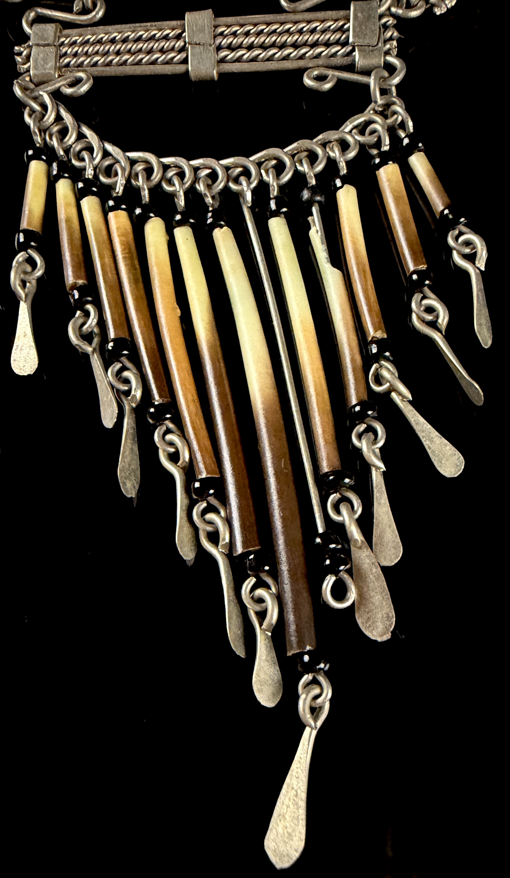 Artisan Mixed-Media Bib Necklace with Porcupine Quills and Blue and White Porcelain Shards