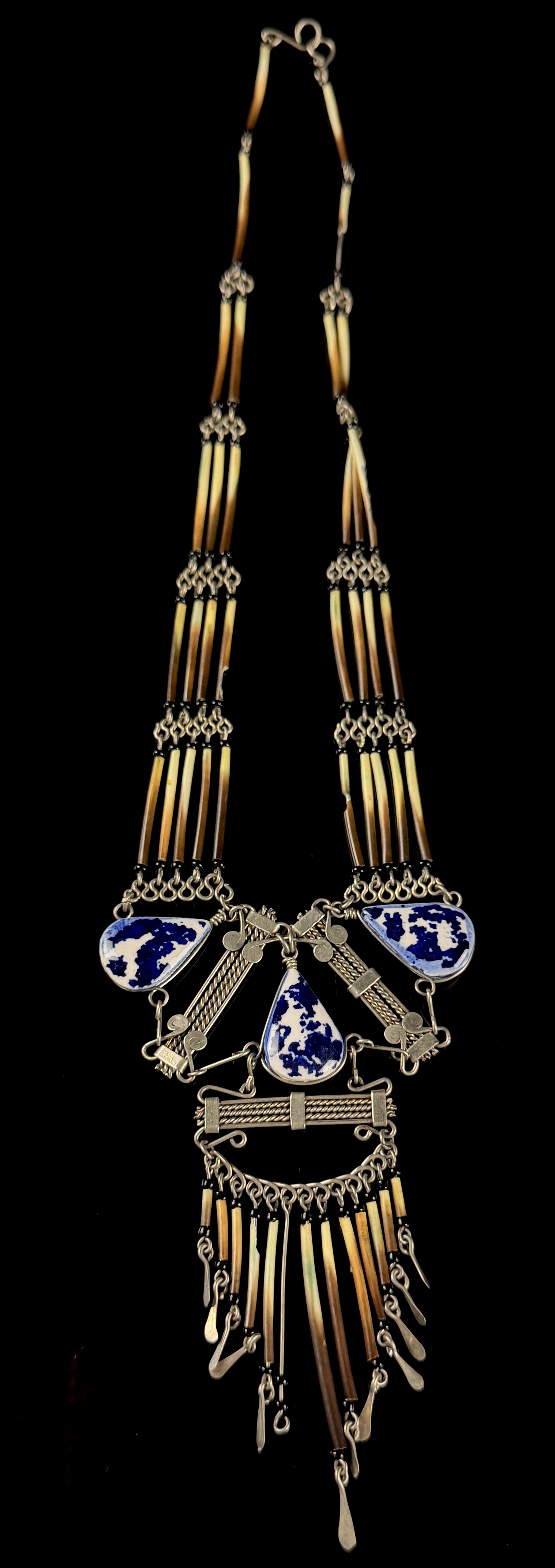 Artisan Mixed-Media Bib Necklace with Porcupine Quills and Blue and White Porcelain Shards
