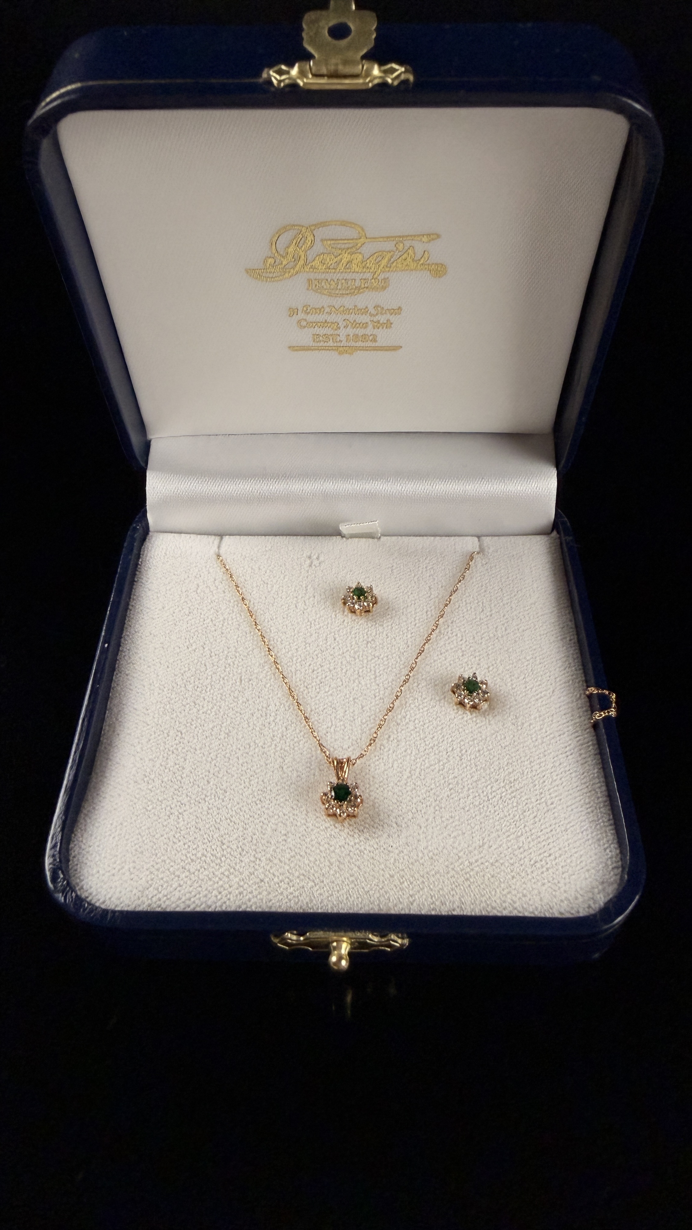 A 14k Solid Gold Emerald and Diamond Cluster Pendant Necklace and Earrings Set