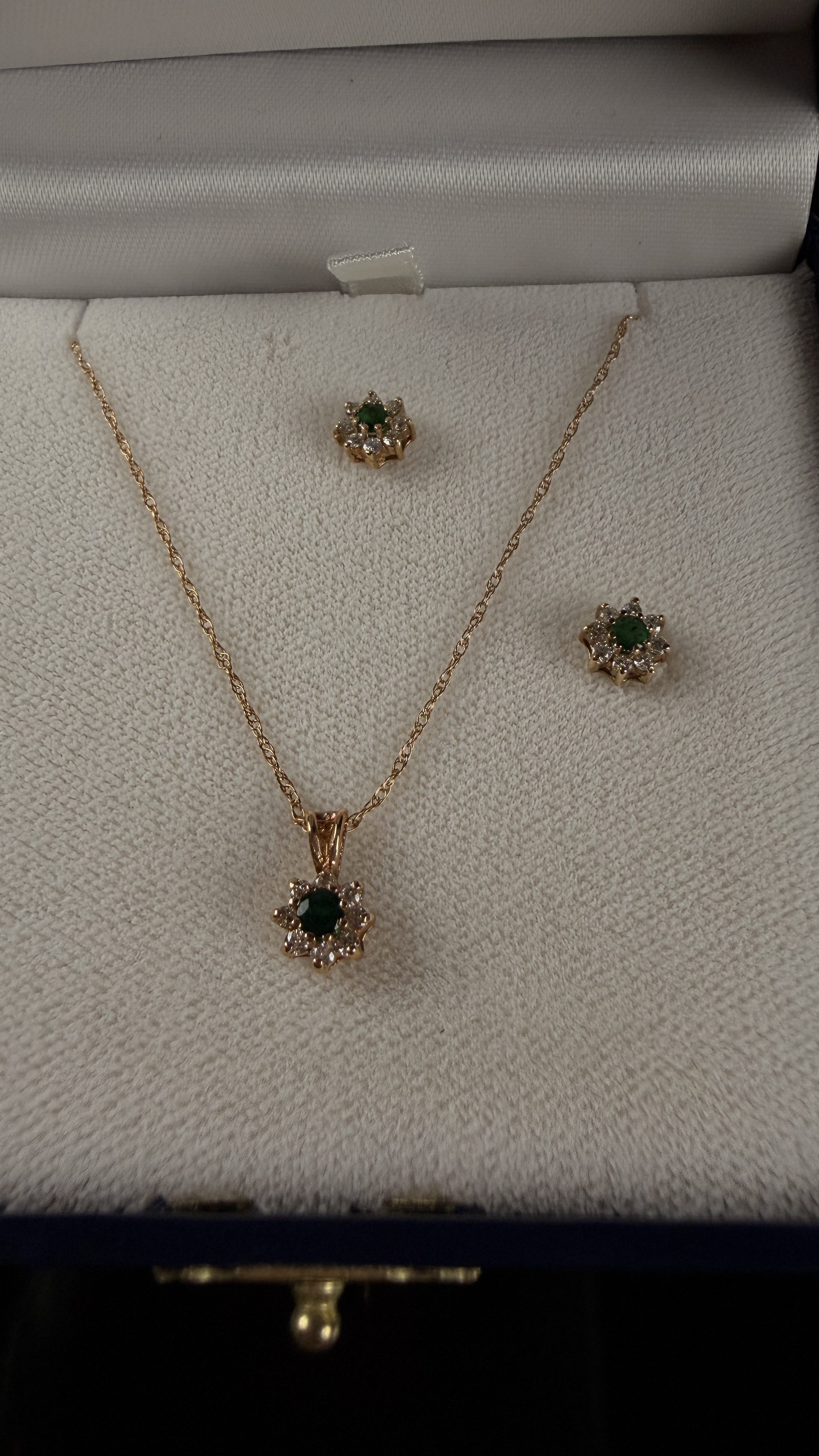 A 14k Solid Gold Emerald and Diamond Cluster Pendant Necklace and Earrings Set