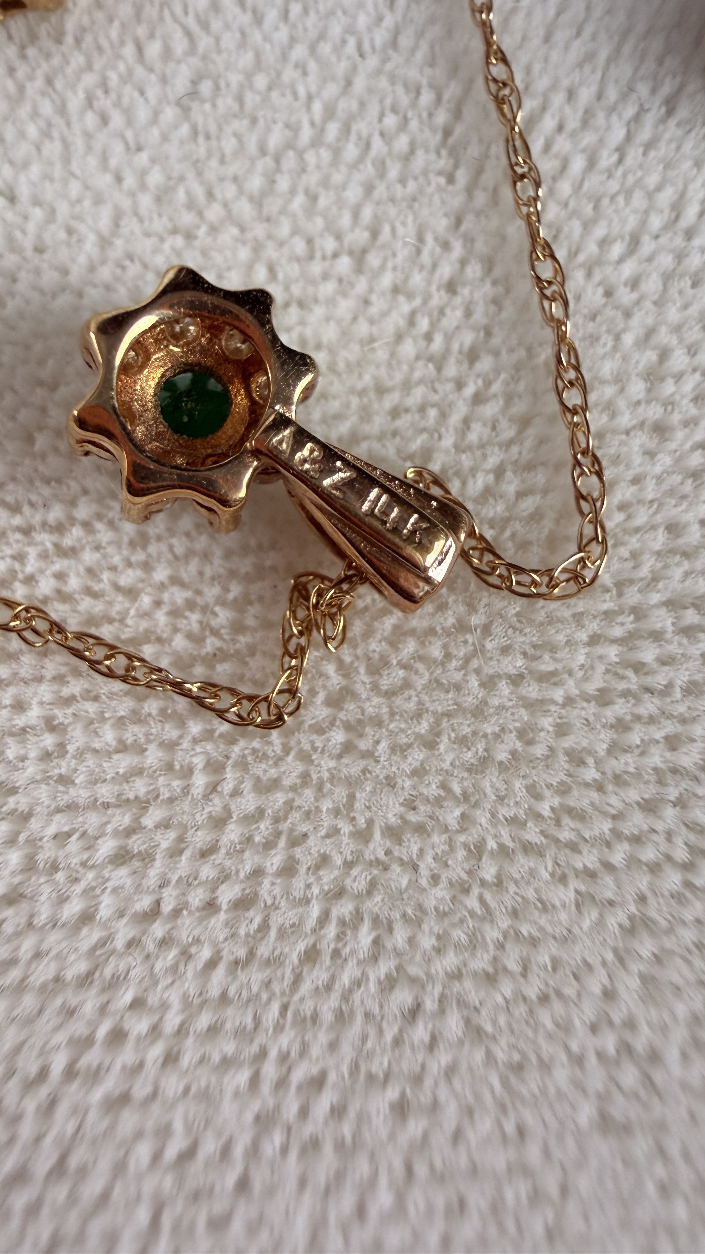 A 14k Solid Gold Emerald and Diamond Cluster Pendant Necklace and Earrings Set