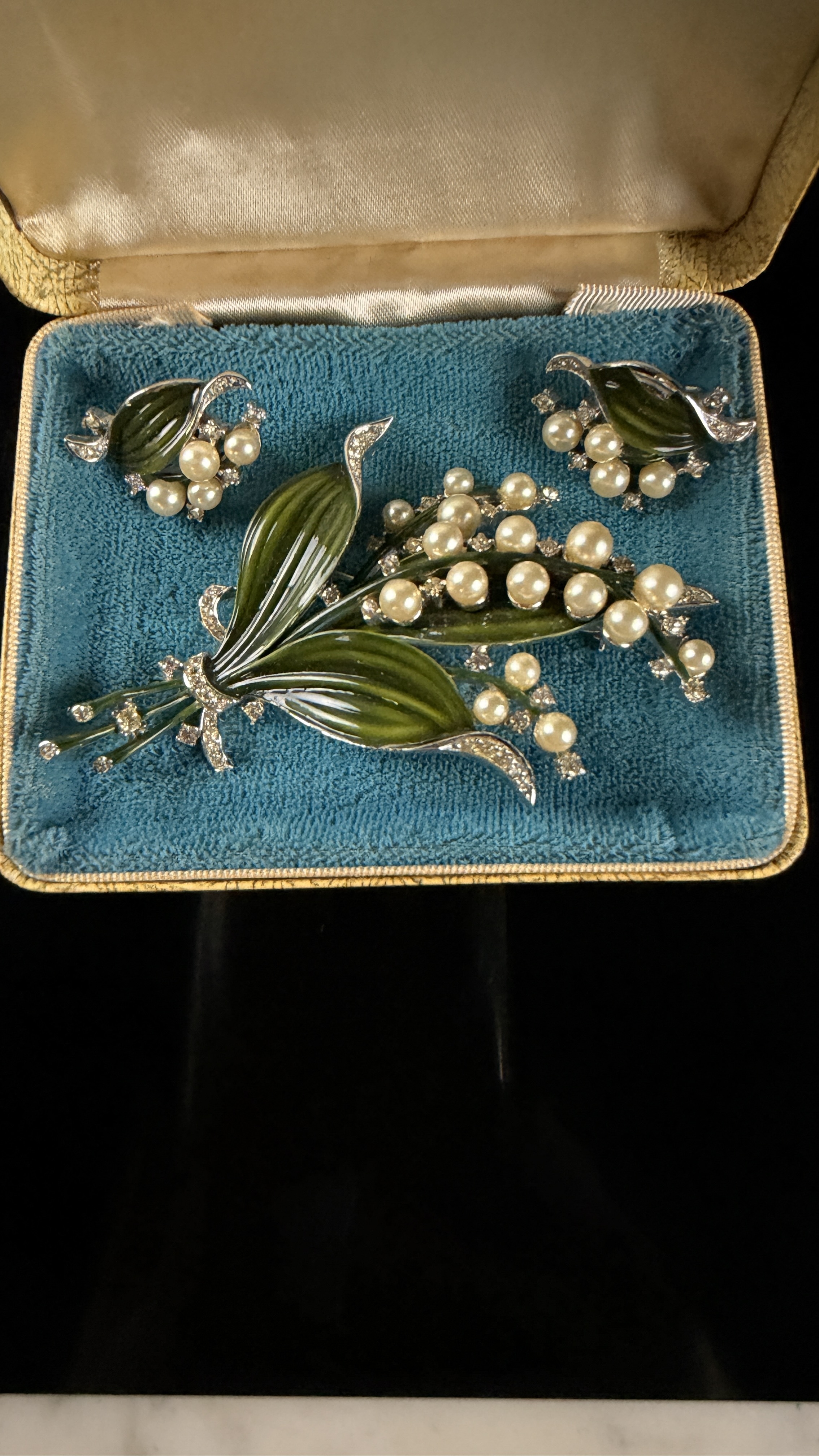 A Crown Trifari Alfred Philippe Lily of the Valley Enamel and Simulated Pearl Demi-Parure