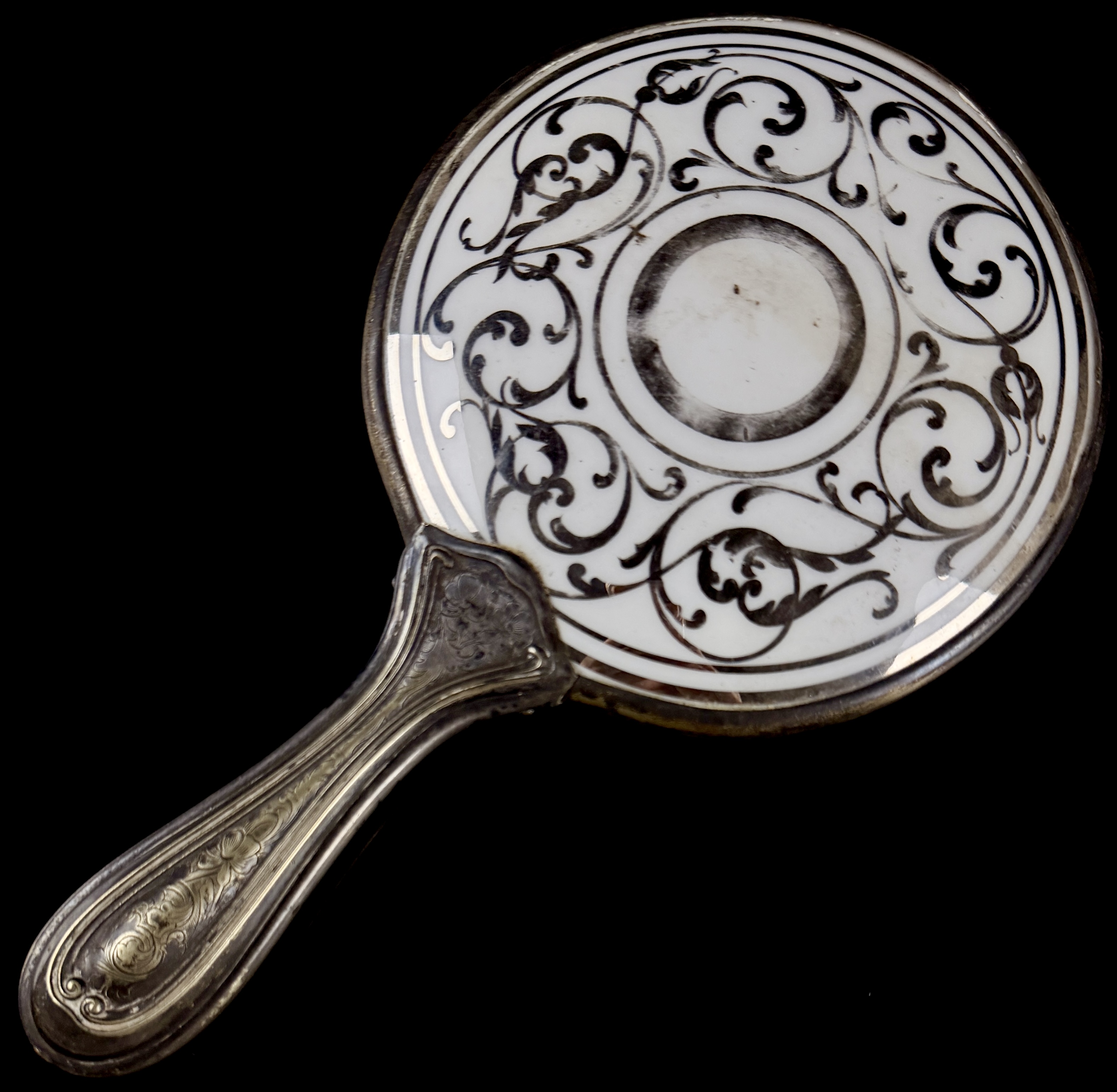 Victorian Style Silver Plated Hand Mirror with Porcelain Medallion