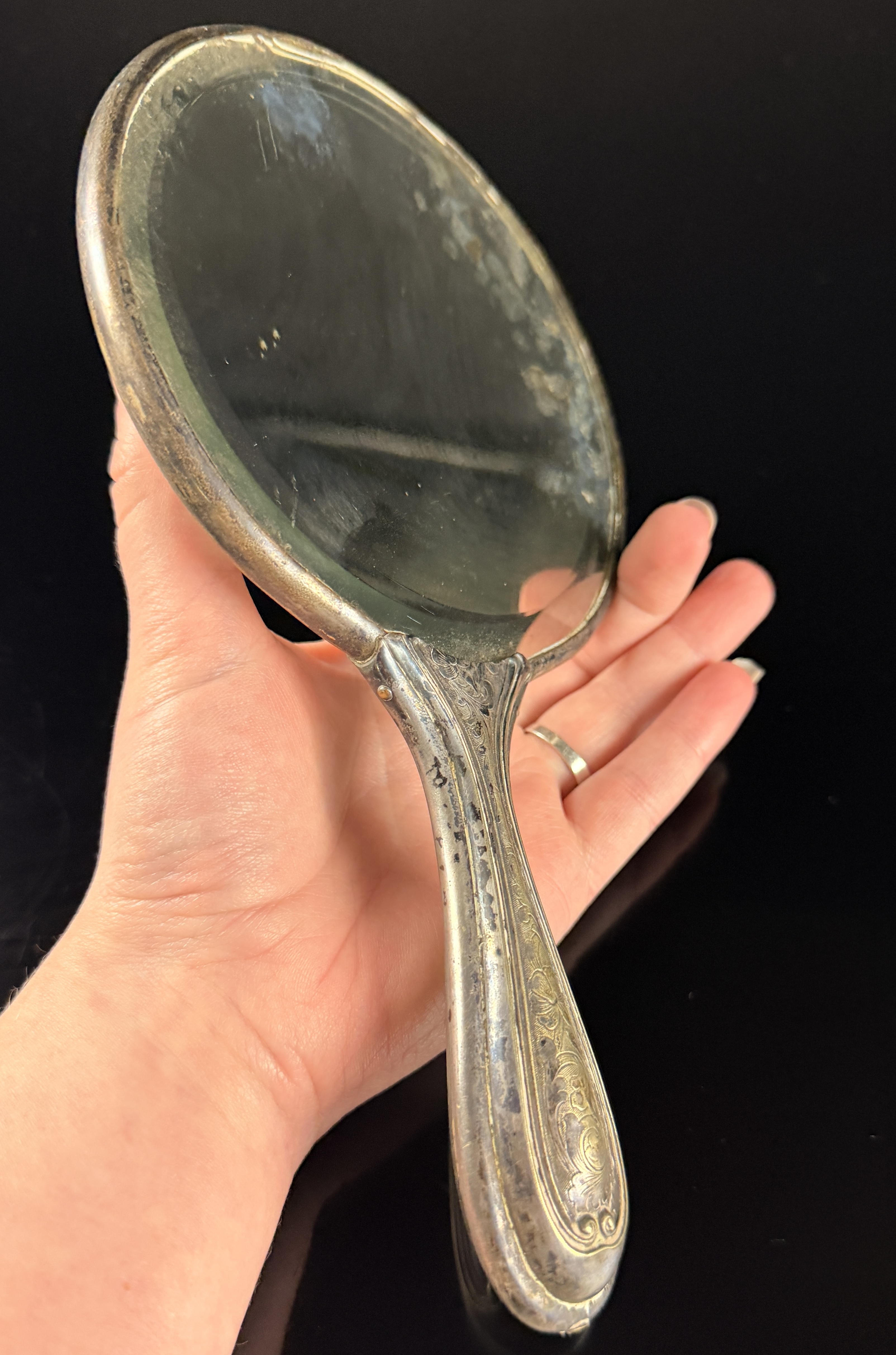 Victorian Style Silver Plated Hand Mirror with Porcelain Medallion