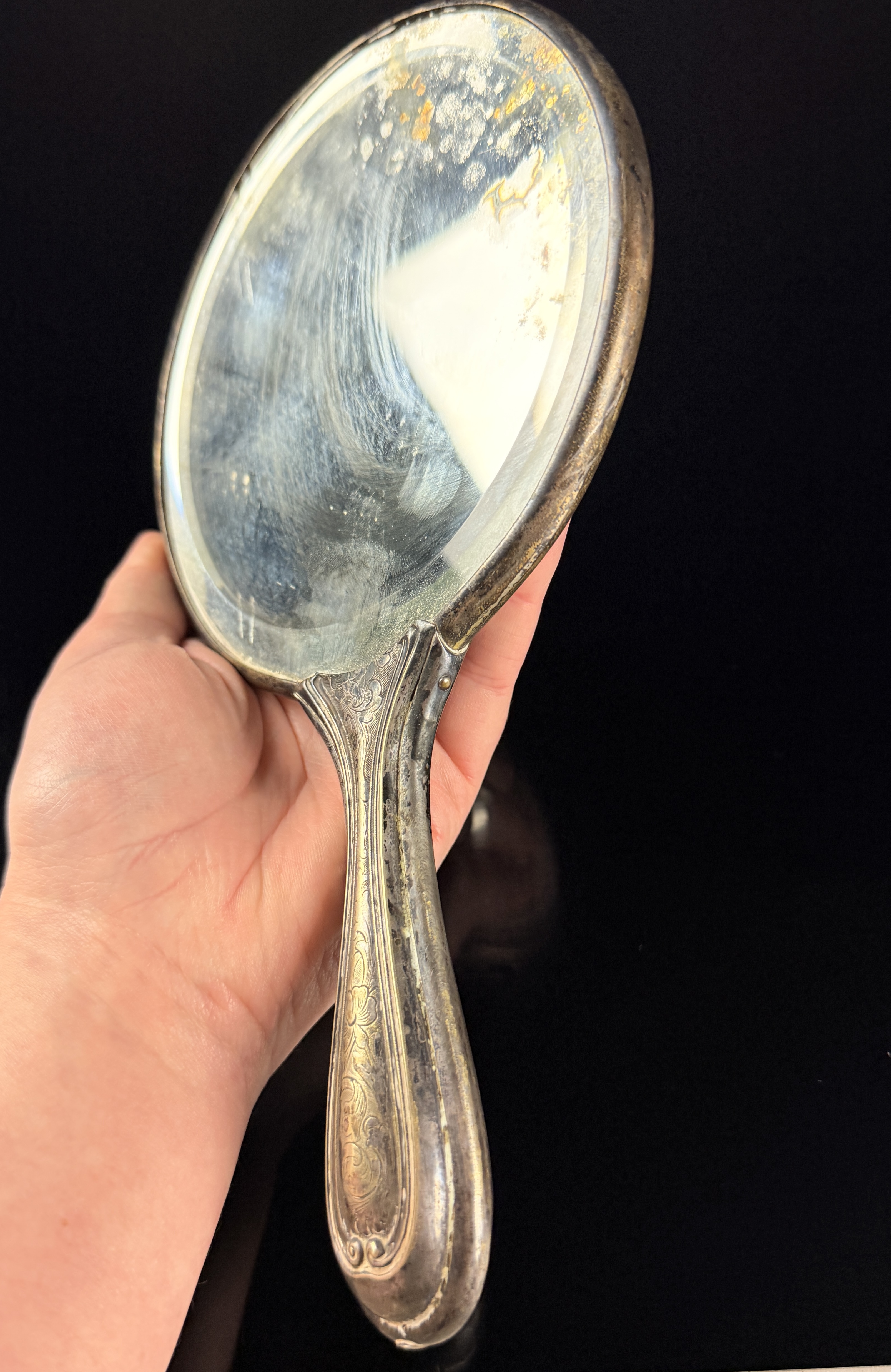 Victorian Style Silver Plated Hand Mirror with Porcelain Medallion