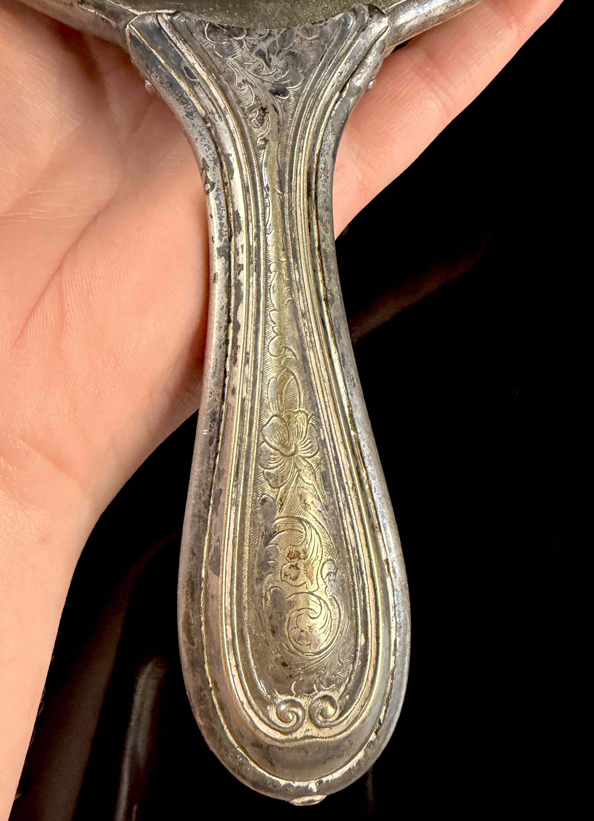 Victorian Style Silver Plated Hand Mirror with Porcelain Medallion
