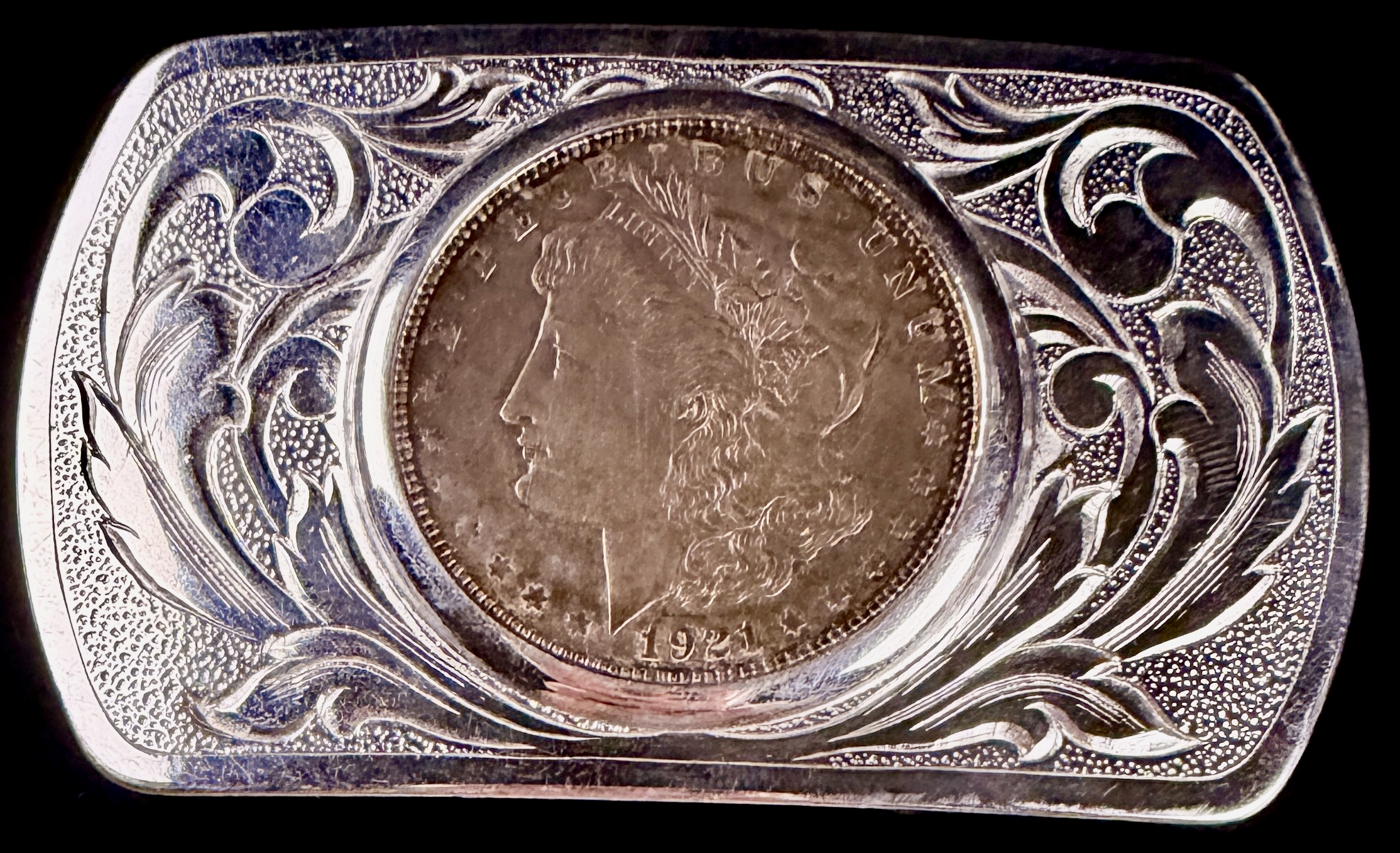 Western Style Hand Engraved Silver-Tone Belt Buckle Featuring a 1921 Morgan Silver Dollar