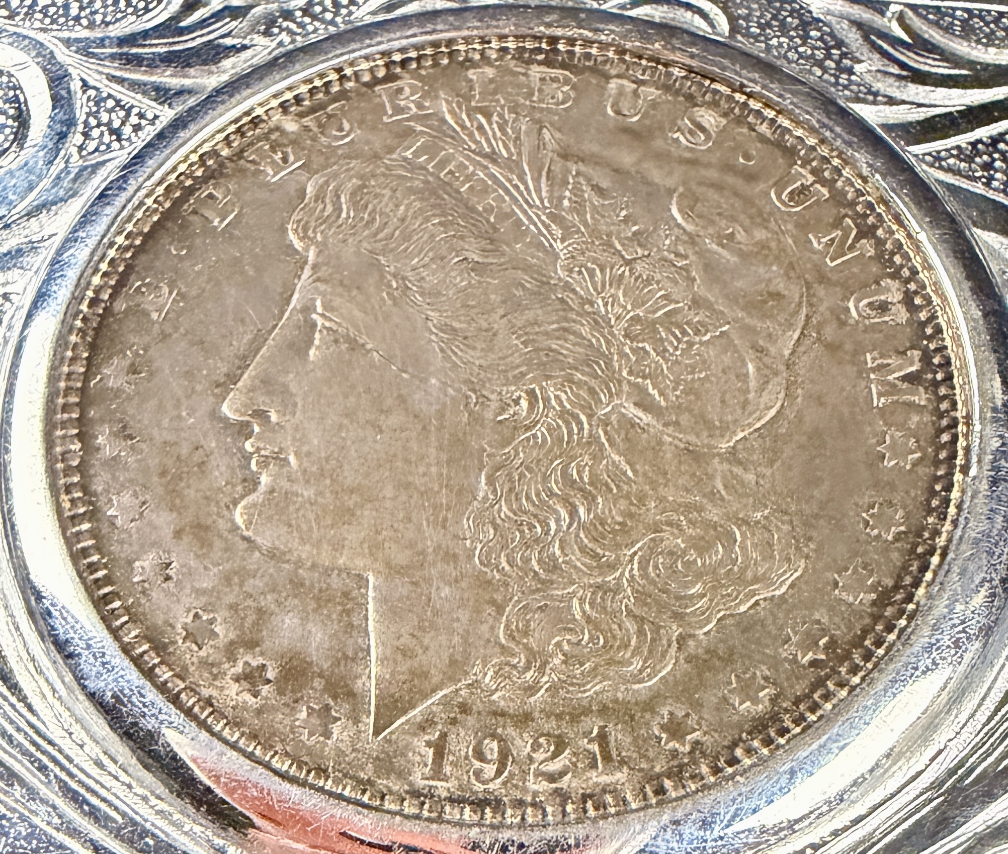 Western Style Hand Engraved Silver-Tone Belt Buckle Featuring a 1921 Morgan Silver Dollar