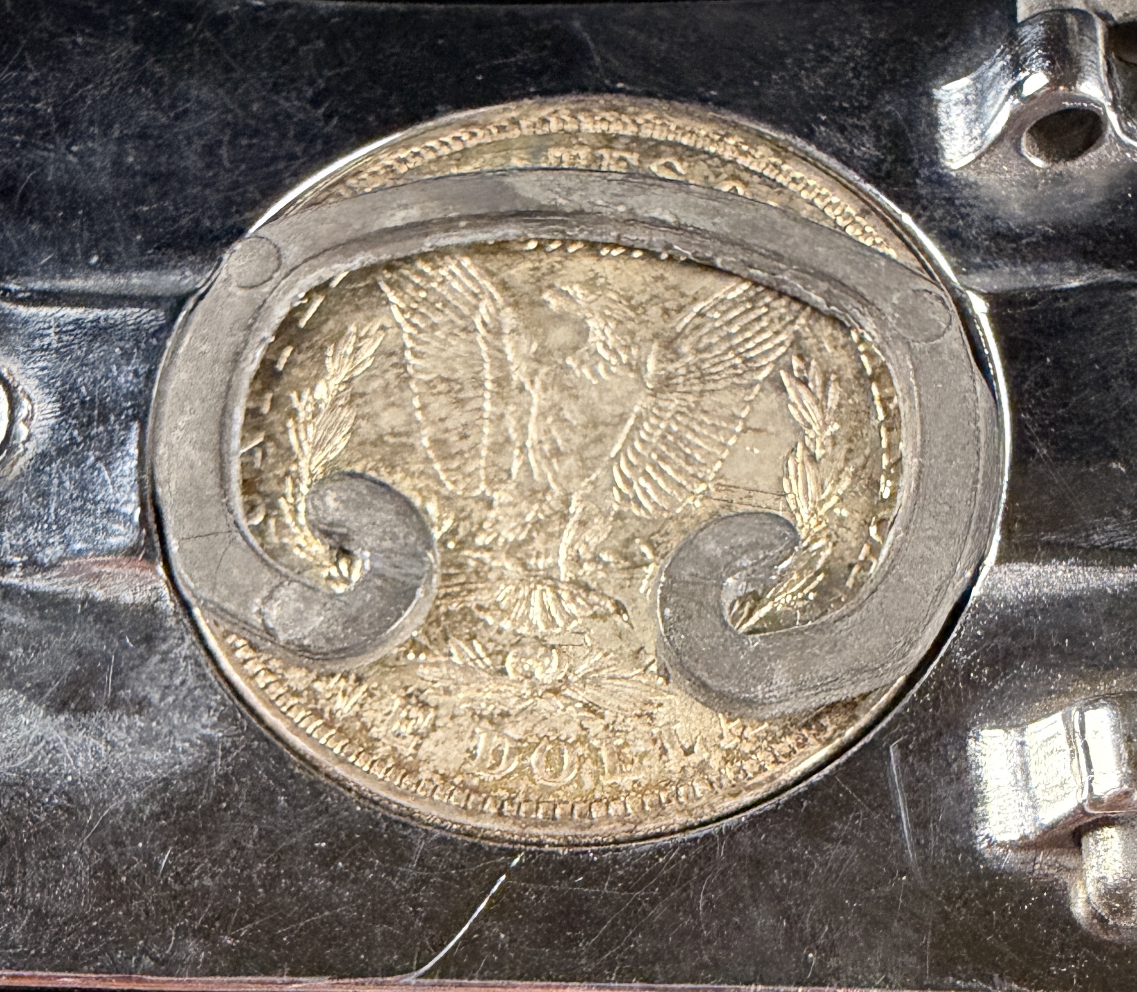 Western Style Hand Engraved Silver-Tone Belt Buckle Featuring a 1921 Morgan Silver Dollar