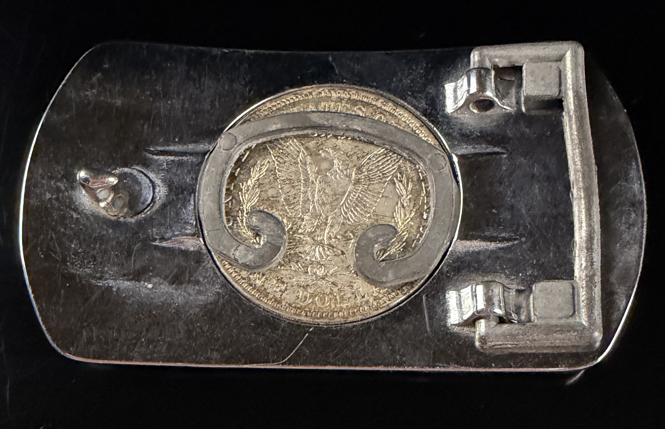 Western Style Hand Engraved Silver-Tone Belt Buckle Featuring a 1921 Morgan Silver Dollar