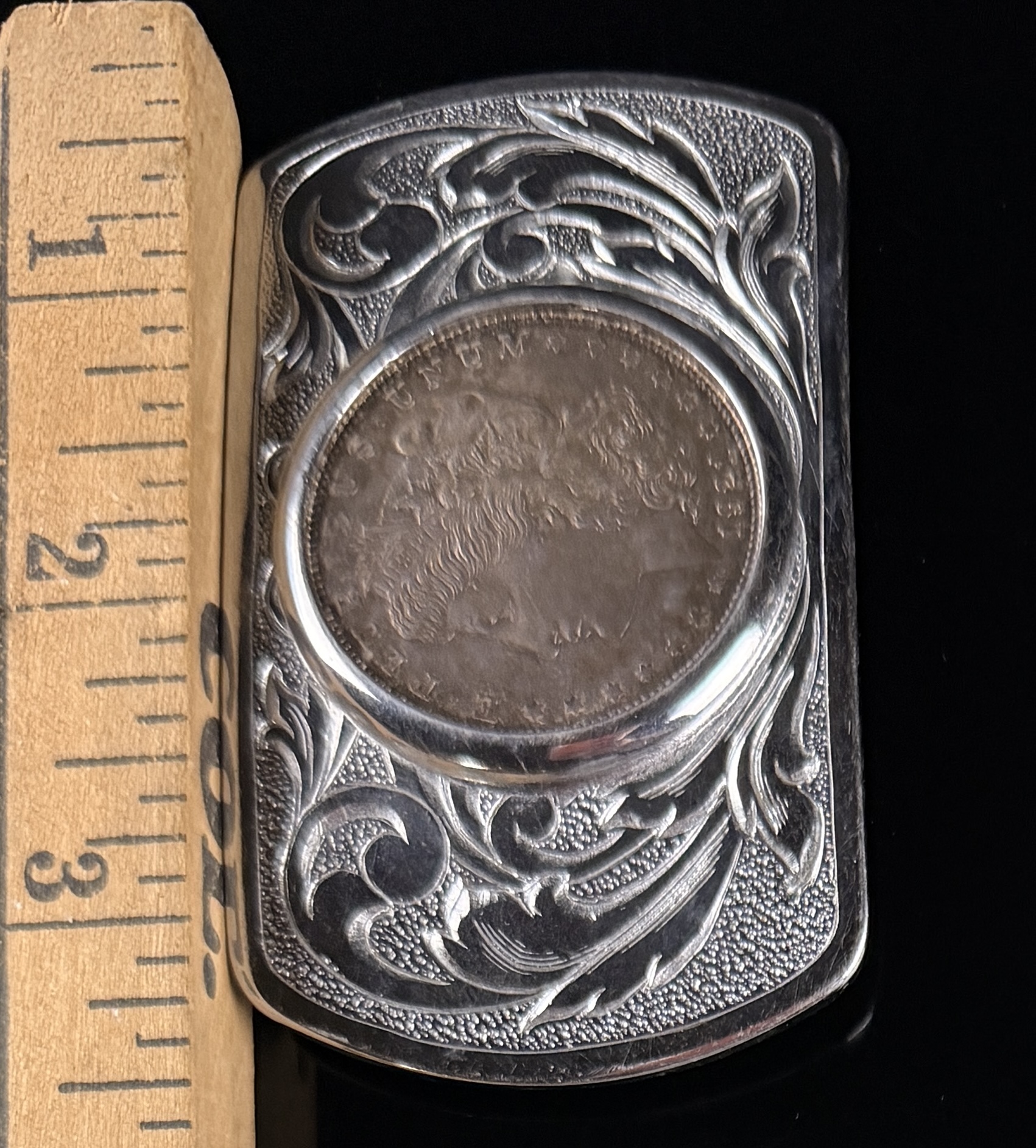Western Style Hand Engraved Silver-Tone Belt Buckle Featuring a 1921 Morgan Silver Dollar