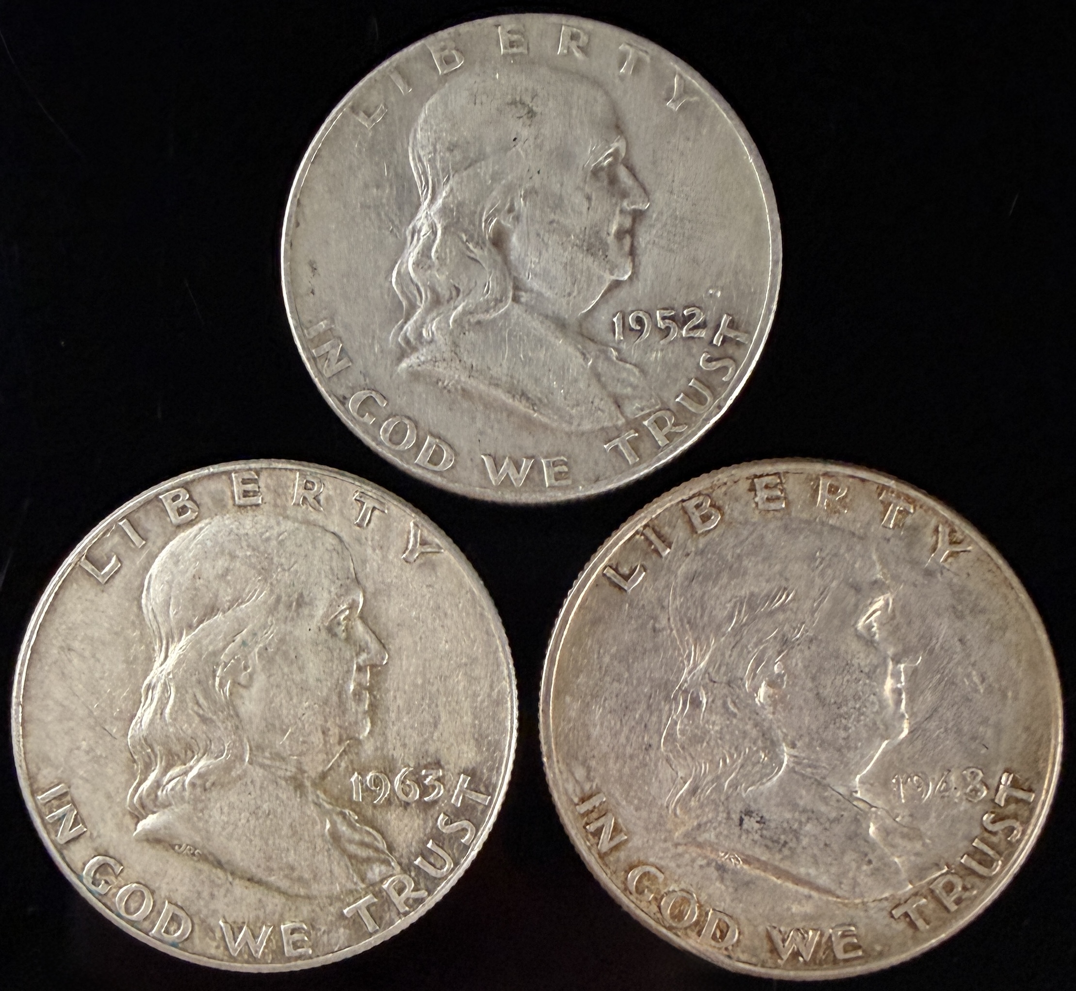 Three US Benjamin Franklin 90% Silver Half Dollars, 1948-D, 1952-D, and 1963-D