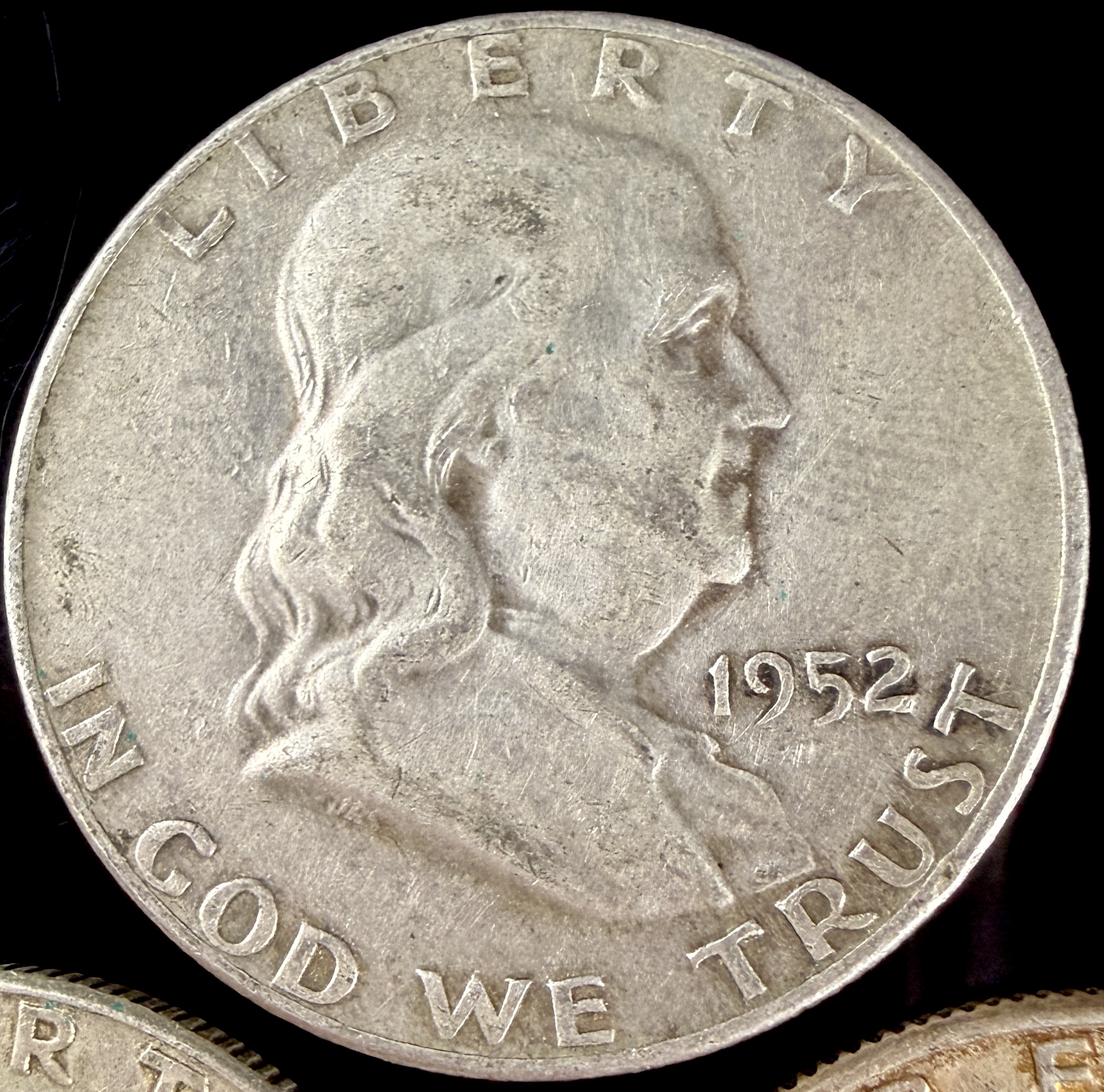 Three US Benjamin Franklin 90% Silver Half Dollars, 1948-D, 1952-D, and 1963-D