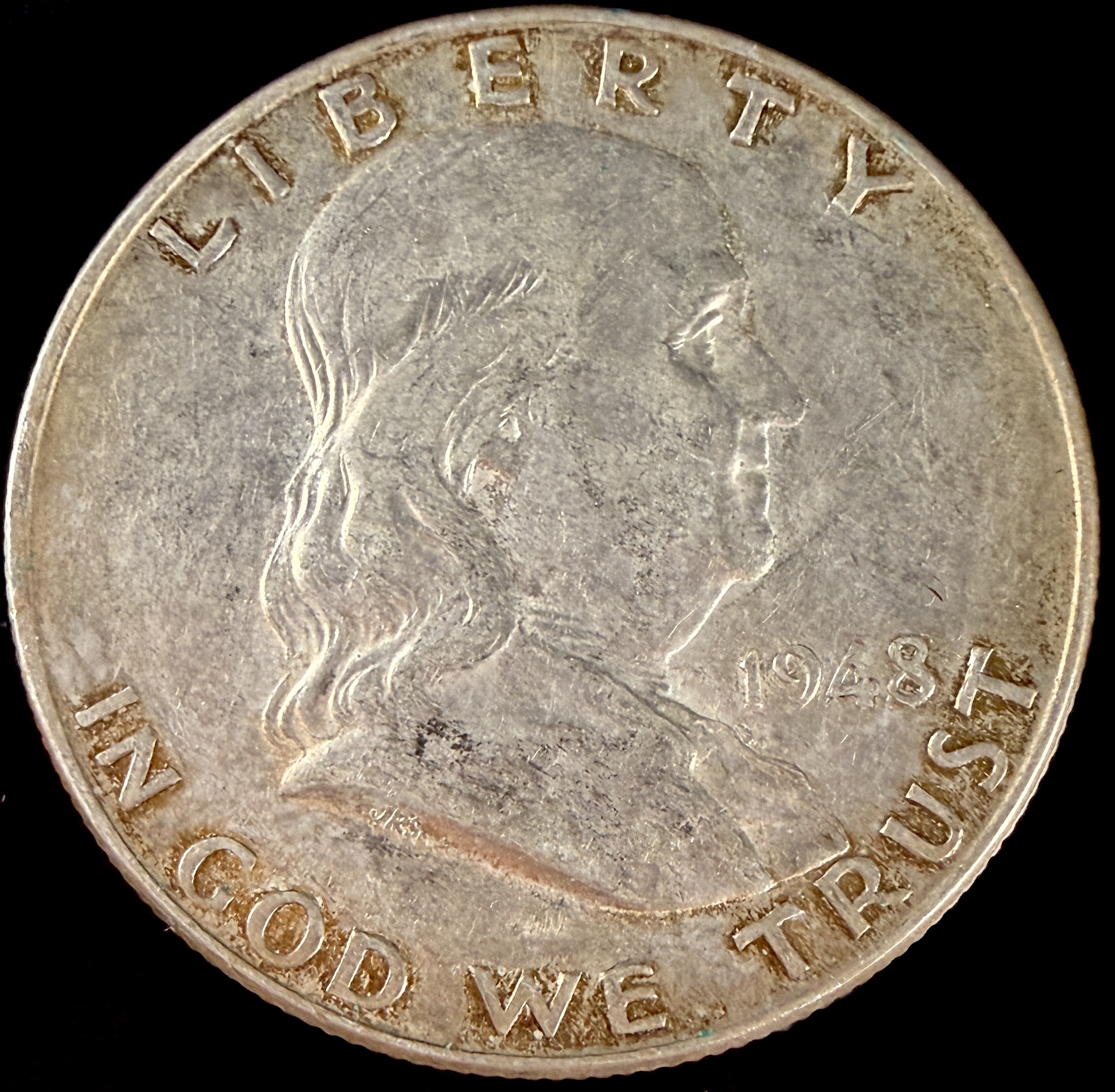 Three US Benjamin Franklin 90% Silver Half Dollars, 1948-D, 1952-D, and 1963-D