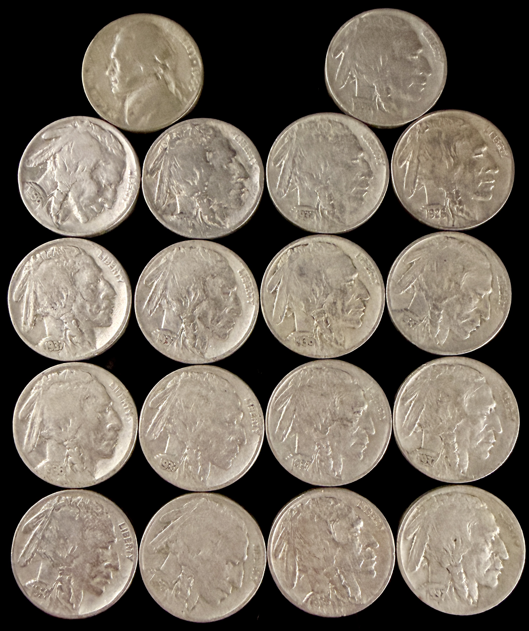 A Collection of US Five-Cent Coins Including Buffalo Nickels and Jefferson Silver War Nickel