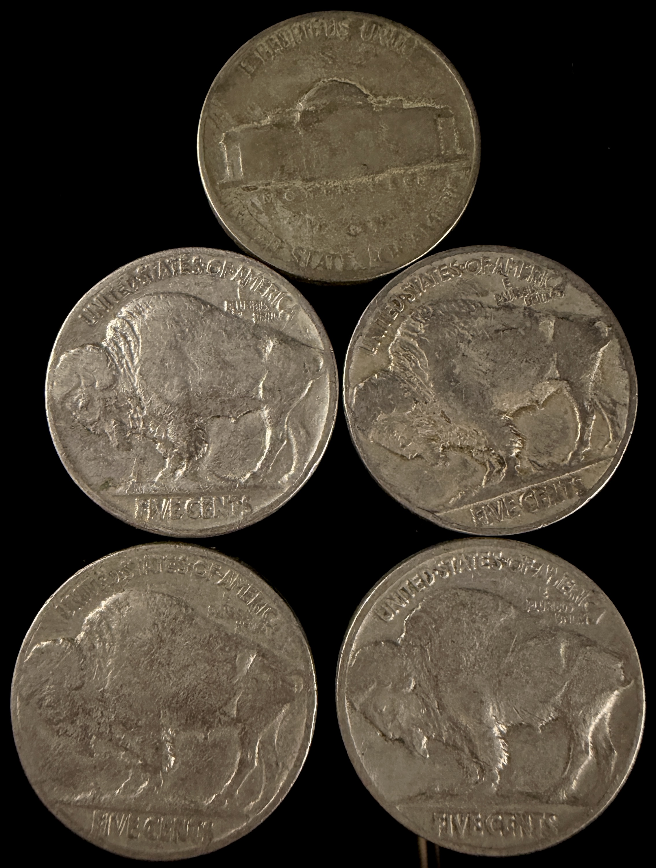A Collection of US Five-Cent Coins Including Buffalo Nickels and Jefferson Silver War Nickel