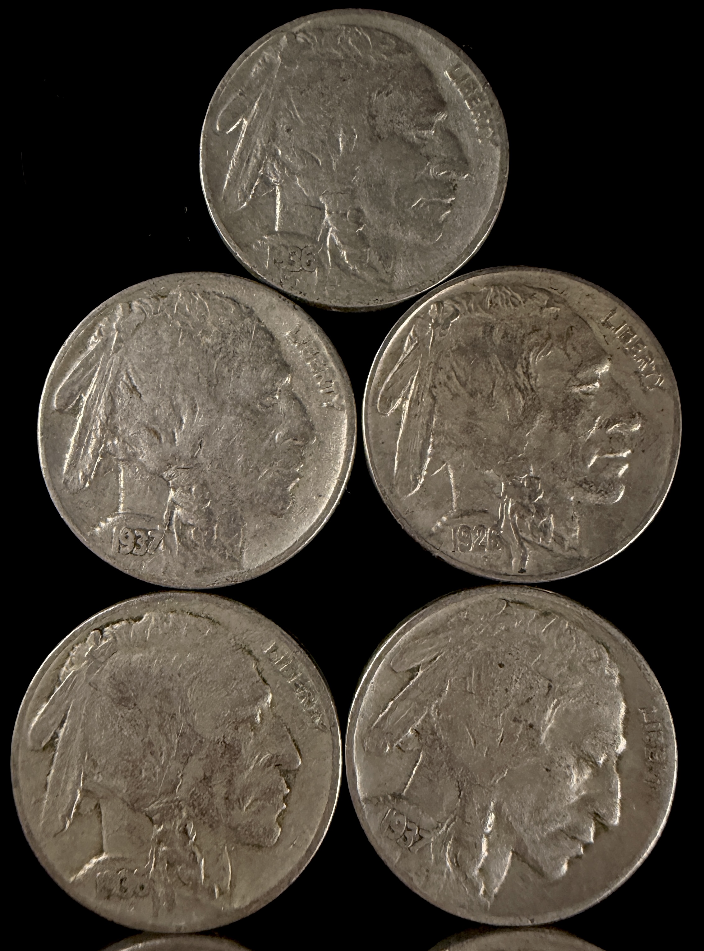 A Collection of US Five-Cent Coins Including Buffalo Nickels and Jefferson Silver War Nickel