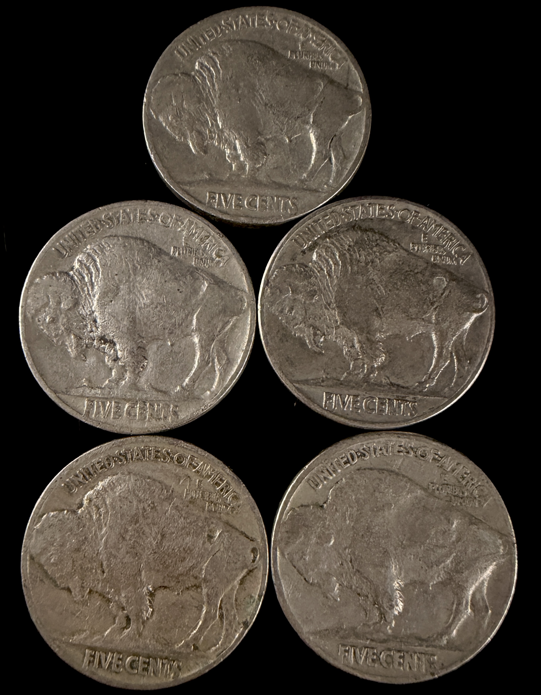 A Collection of US Five-Cent Coins Including Buffalo Nickels and Jefferson Silver War Nickel