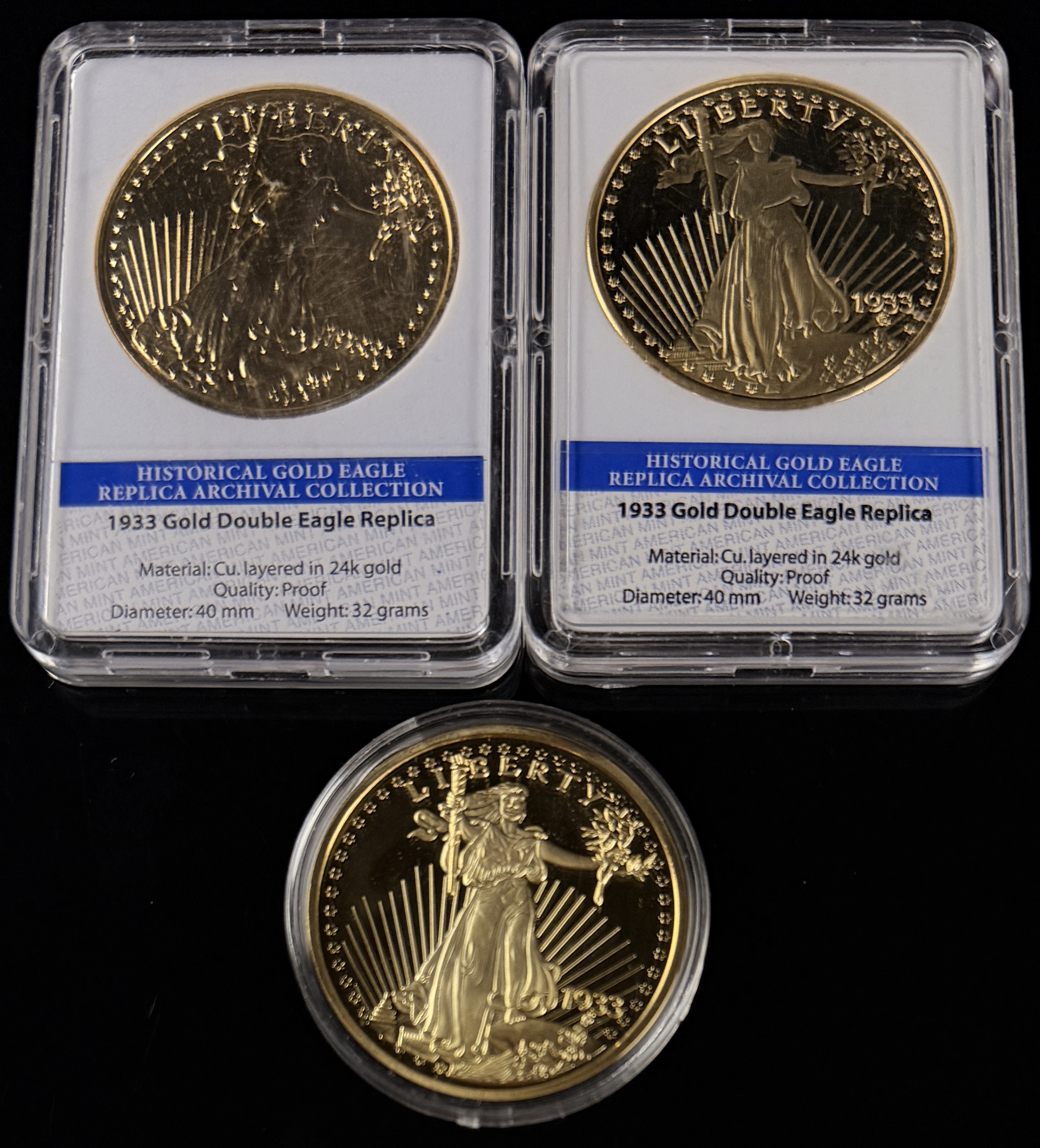 Three American Mint 1933 Saint-Gaudens Double Eagle Replicas Layered in 24k Gold
