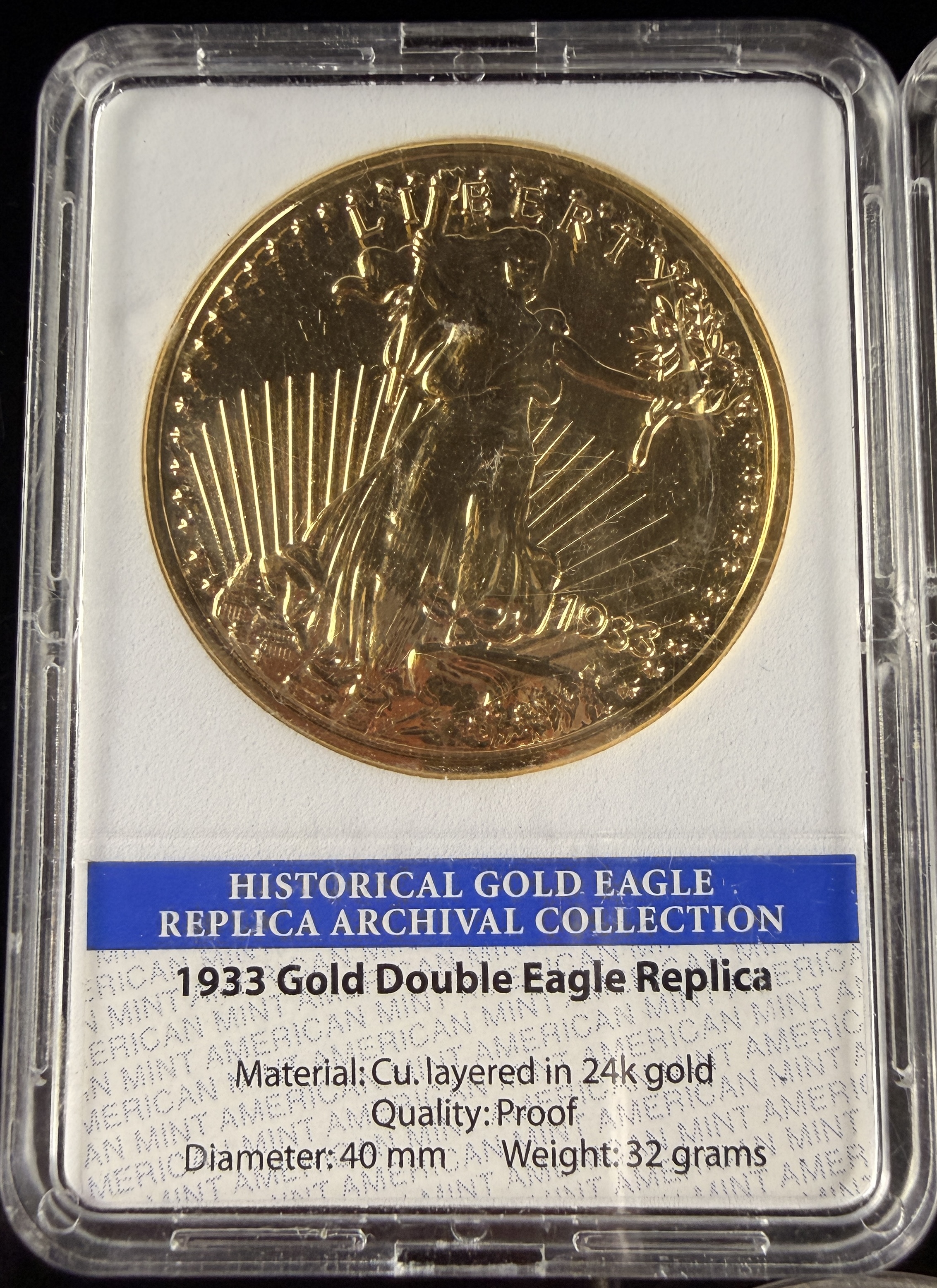 Three American Mint 1933 Saint-Gaudens Double Eagle Replicas Layered in 24k Gold