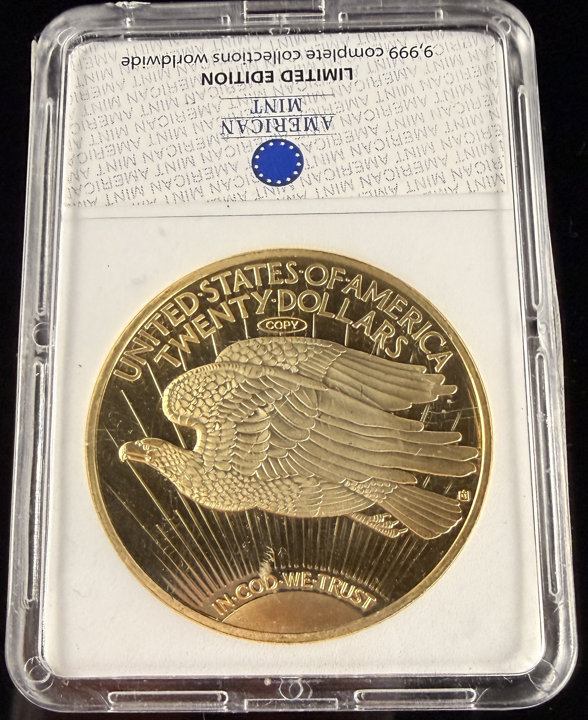 Three American Mint 1933 Saint-Gaudens Double Eagle Replicas Layered in 24k Gold