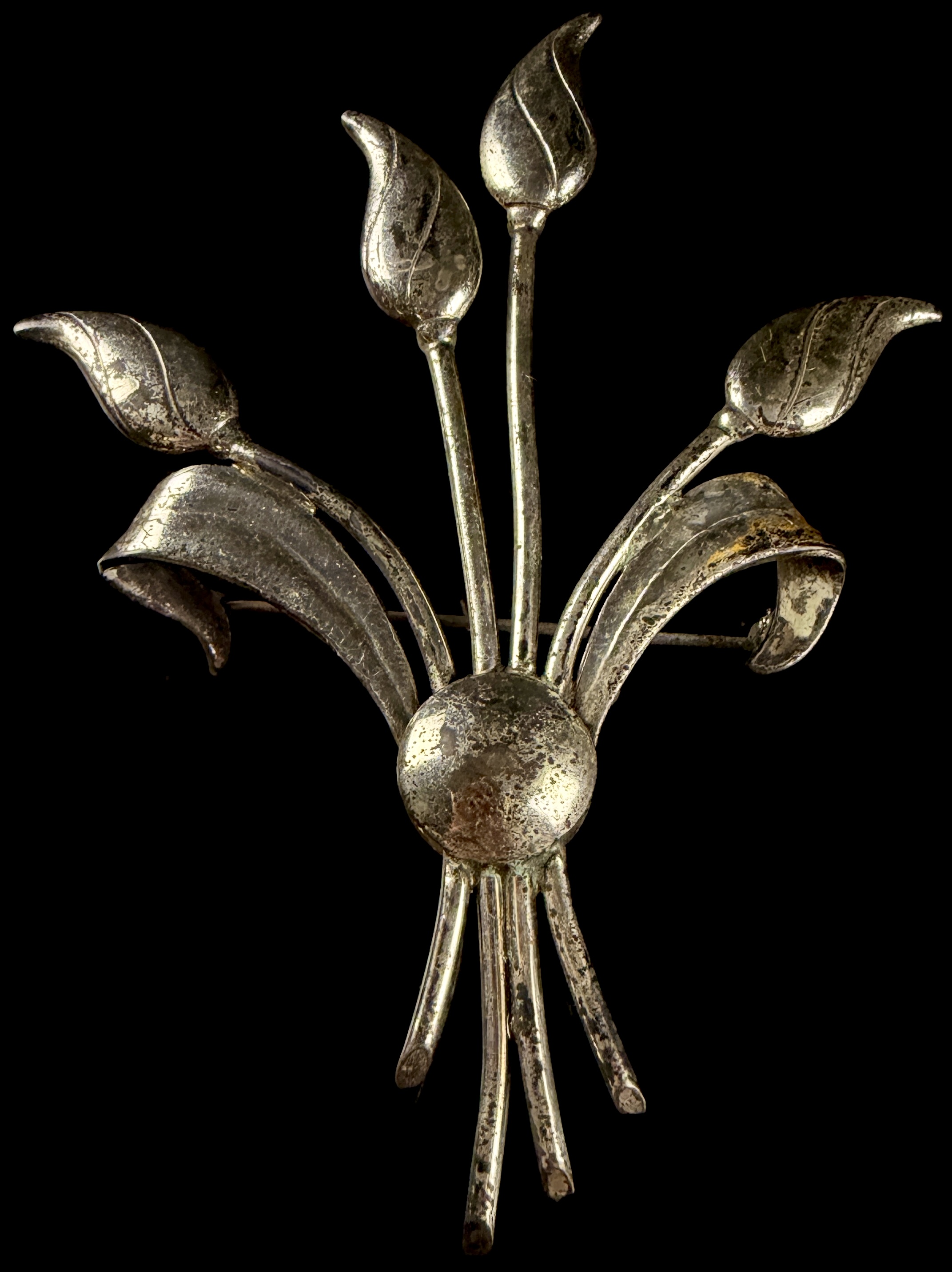 Mid-Century Sterling Silver Lily Bouquet Brooch