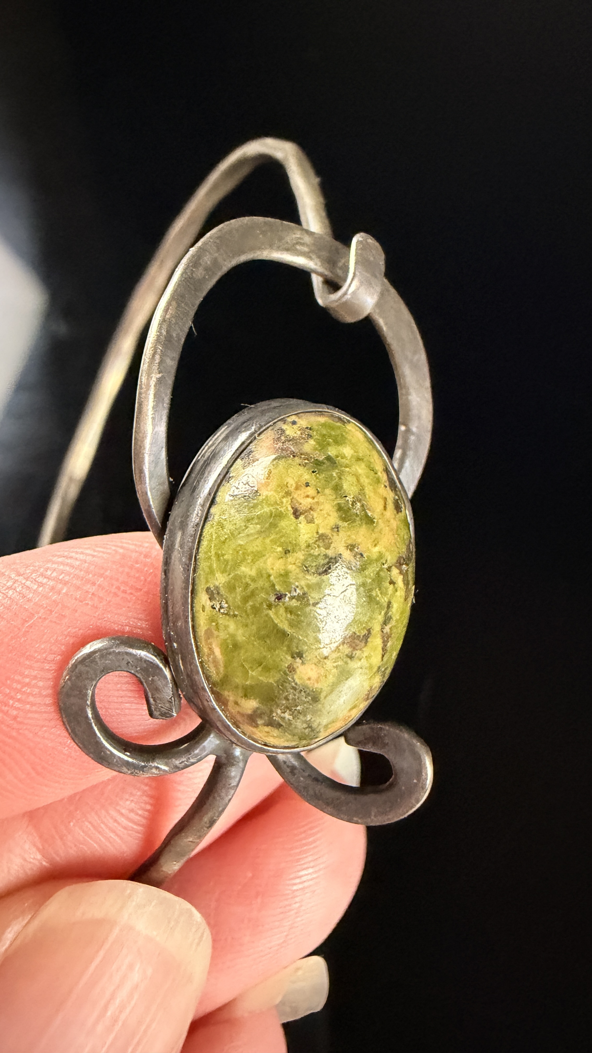 Sterling Silver Artisan Bangle Bracelet with Large Mottled Green Cabochon Gemstone
