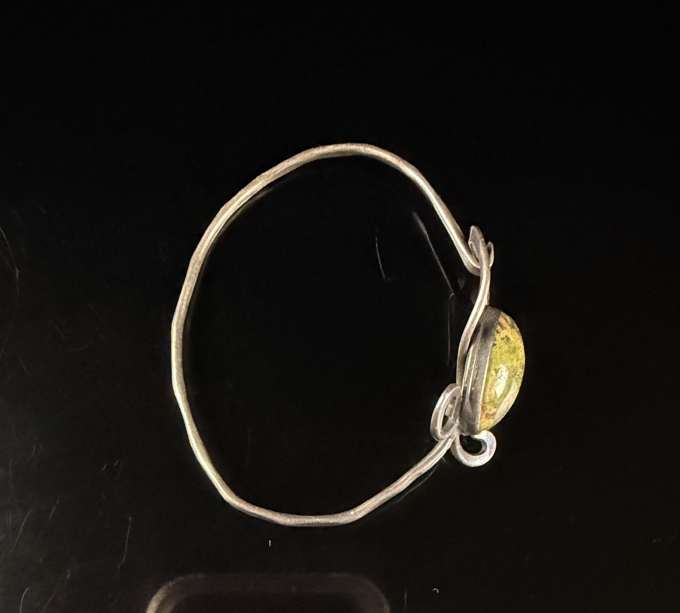 Sterling Silver Artisan Bangle Bracelet with Large Mottled Green Cabochon Gemstone