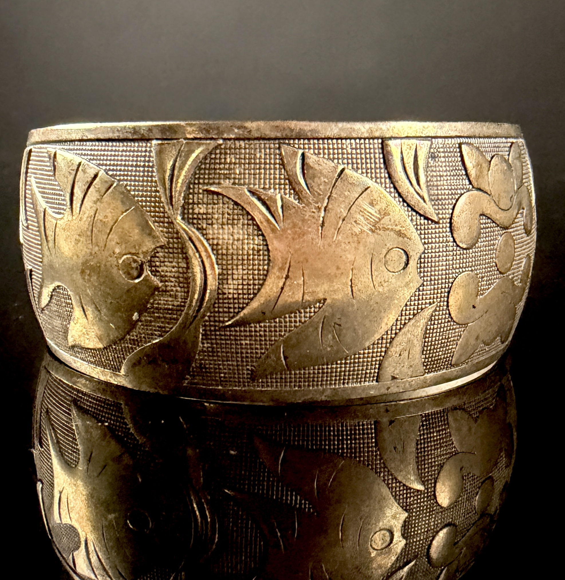 Vintage Silver-Plated Wide Asian-Style Fish and Lotus Motif Cuff Bracelet