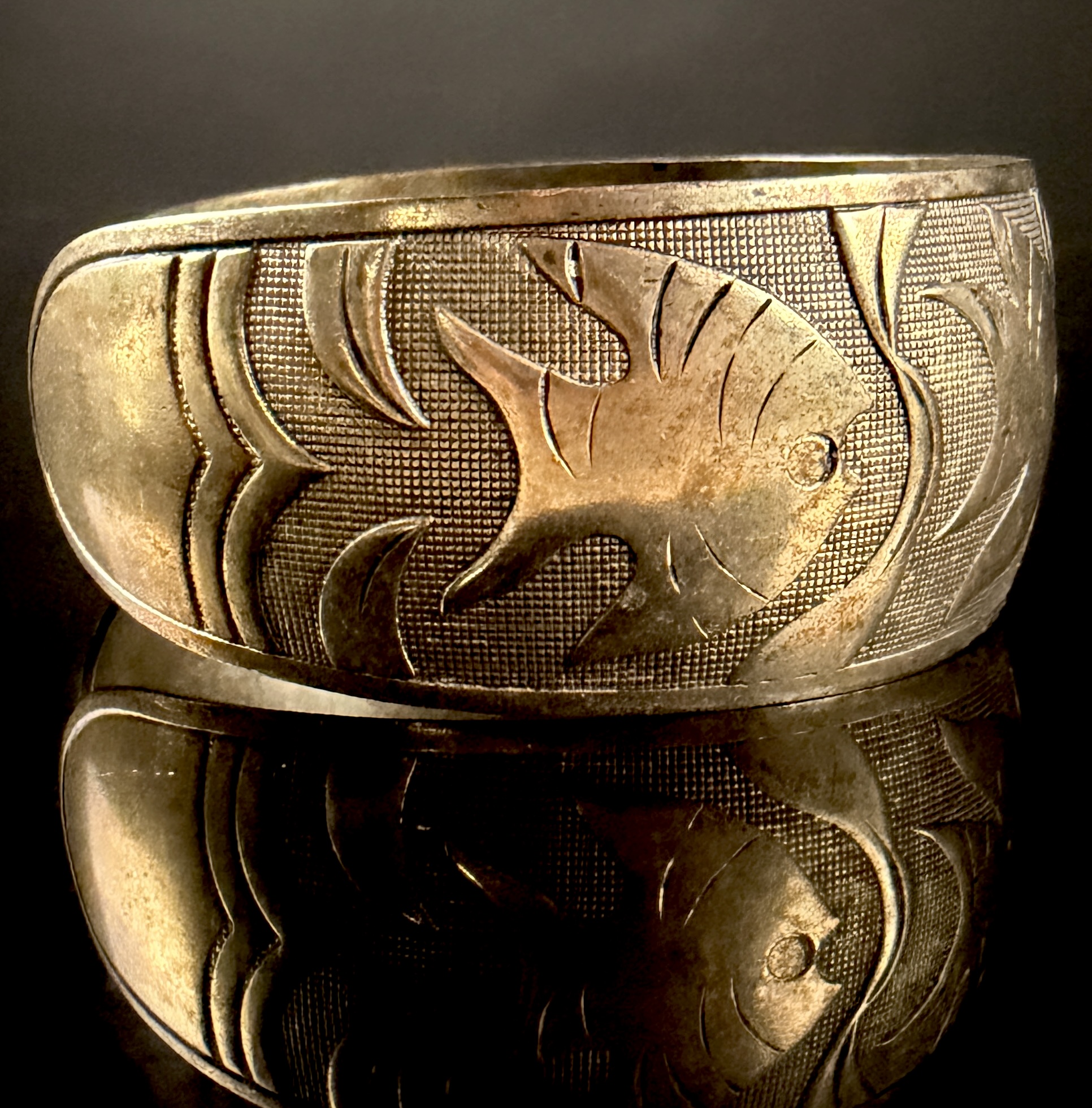Vintage Silver-Plated Wide Asian-Style Fish and Lotus Motif Cuff Bracelet
