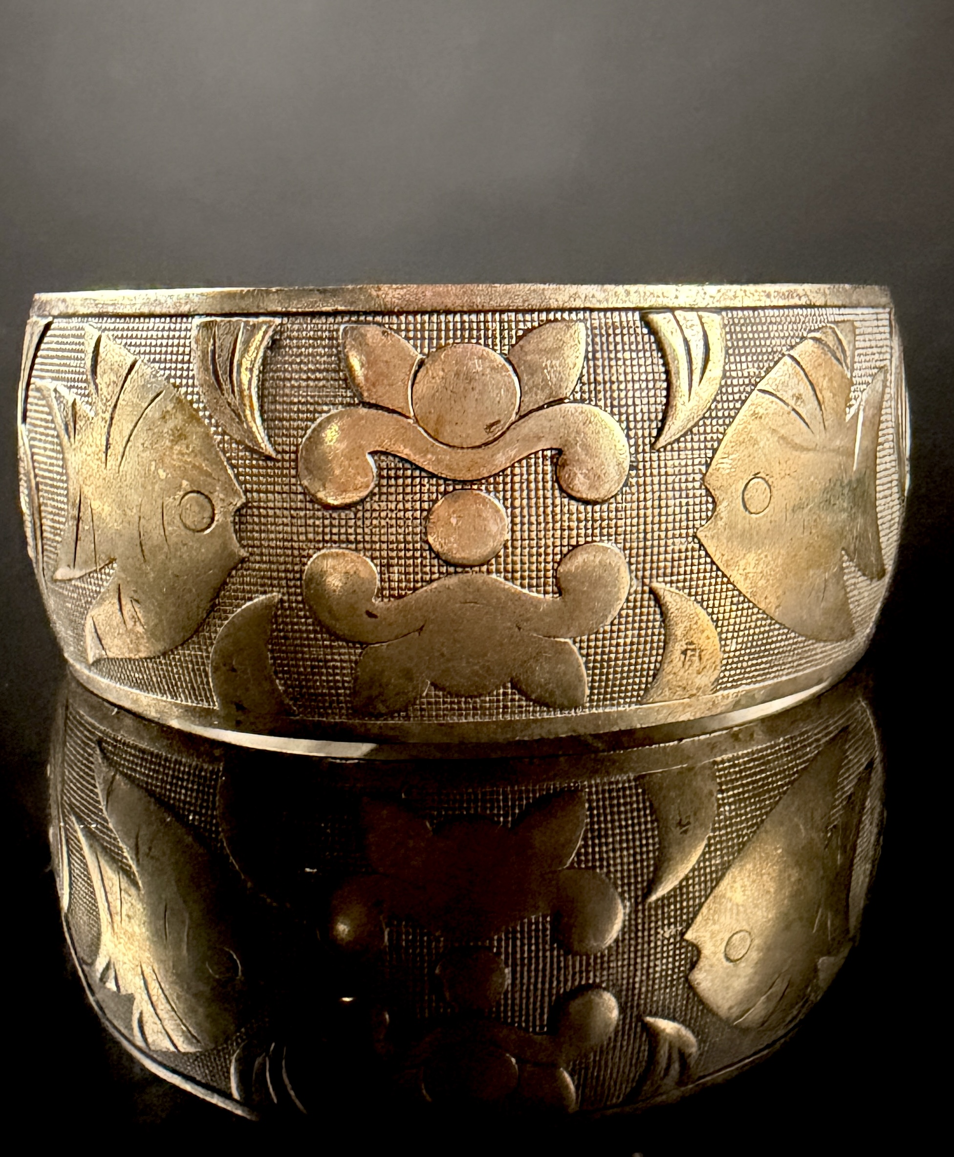 Vintage Silver-Plated Wide Asian-Style Fish and Lotus Motif Cuff Bracelet