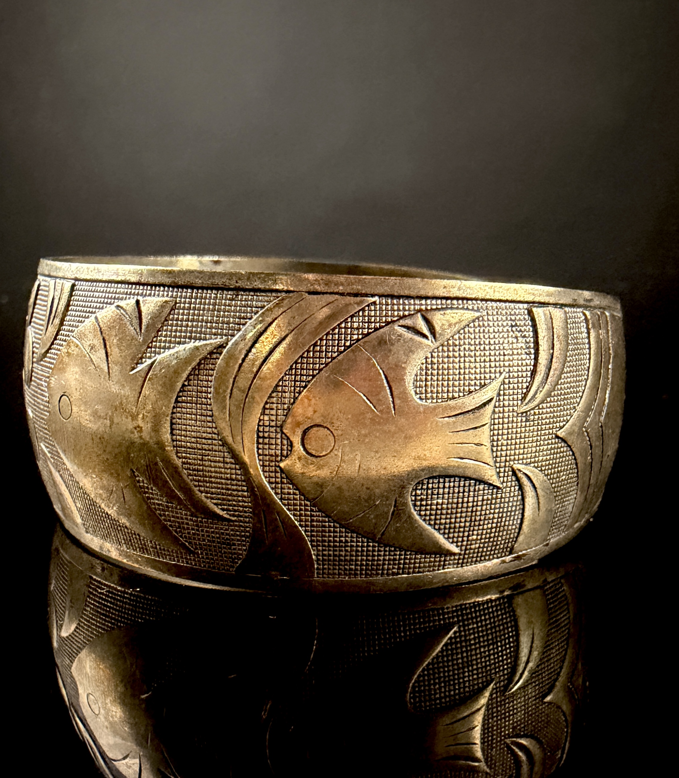 Vintage Silver-Plated Wide Asian-Style Fish and Lotus Motif Cuff Bracelet