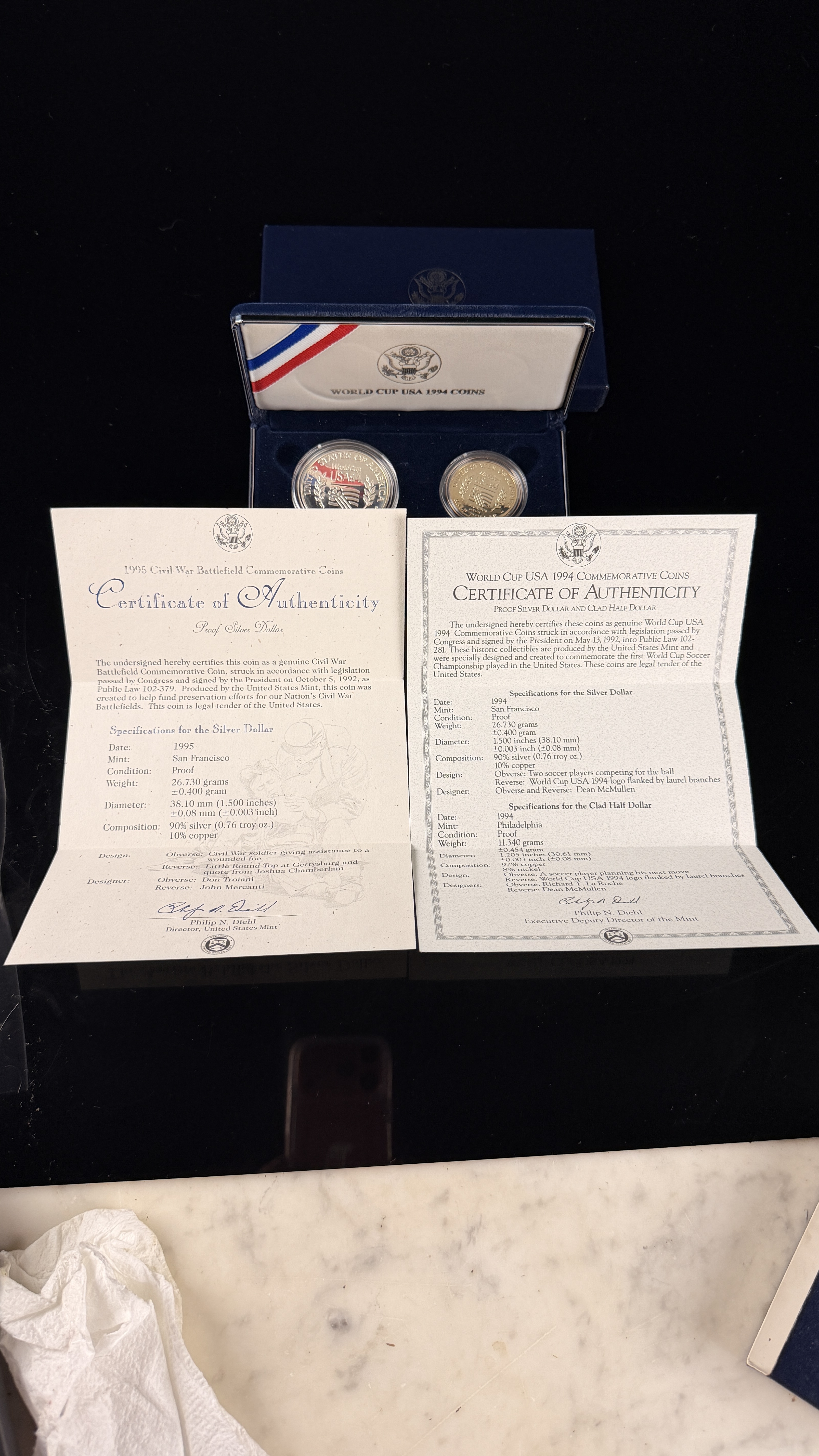 90% Silver Pair of 1994 US World Cup USA Commemorative Proof Coins