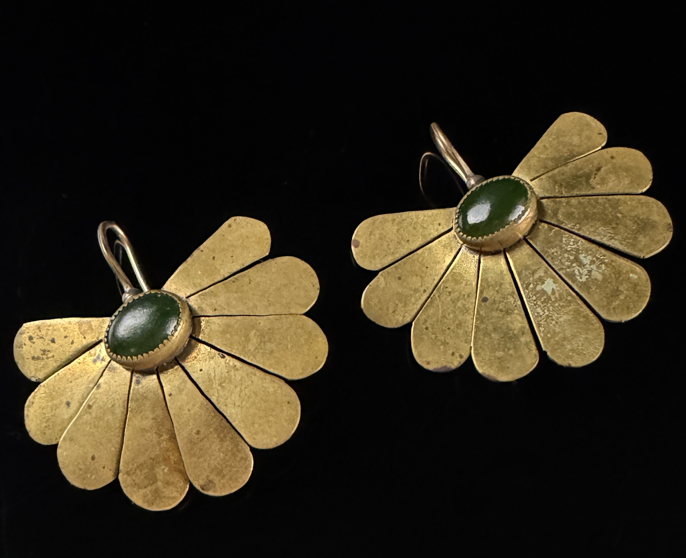 A Pair of Vintage Gold-Toned Modernist Fan Earrings with Green Cabochons