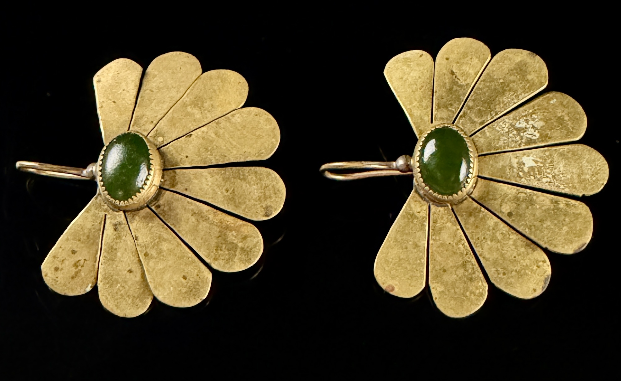 A Pair of Vintage Gold-Toned Modernist Fan Earrings with Green Cabochons