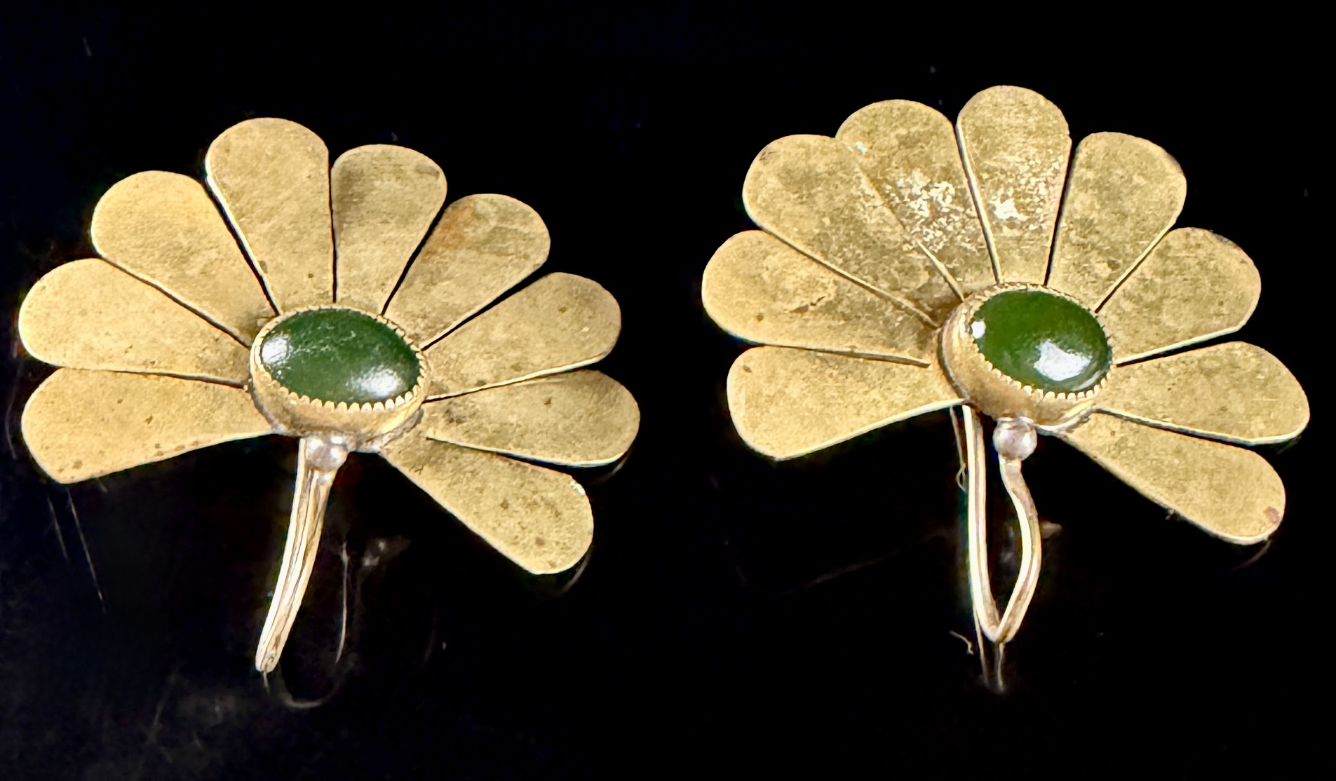 A Pair of Vintage Gold-Toned Modernist Fan Earrings with Green Cabochons
